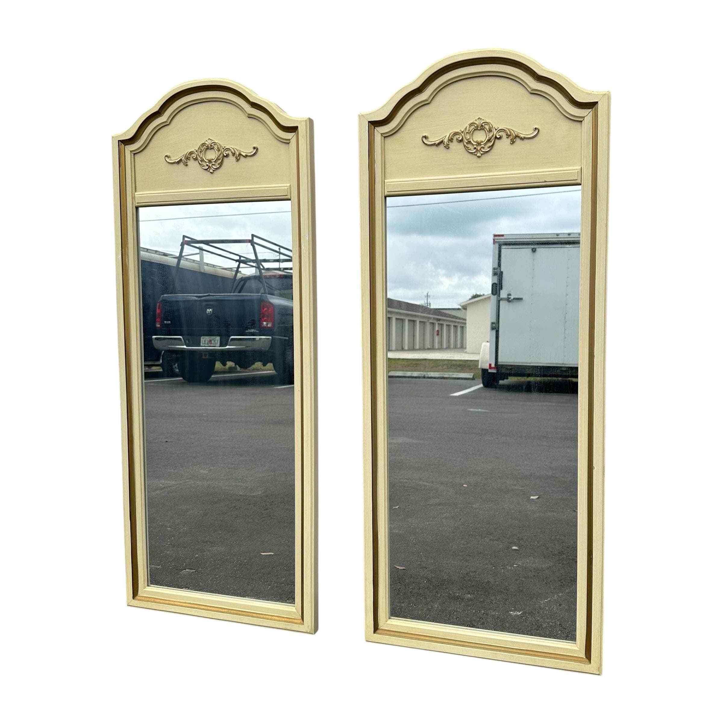 French Provincial Mirrors by Henry Link 47x19 LOCAL PICKUP Set of 2 Arched Vintage White & Gold Curved Rounded Pair - Thumbnail 2