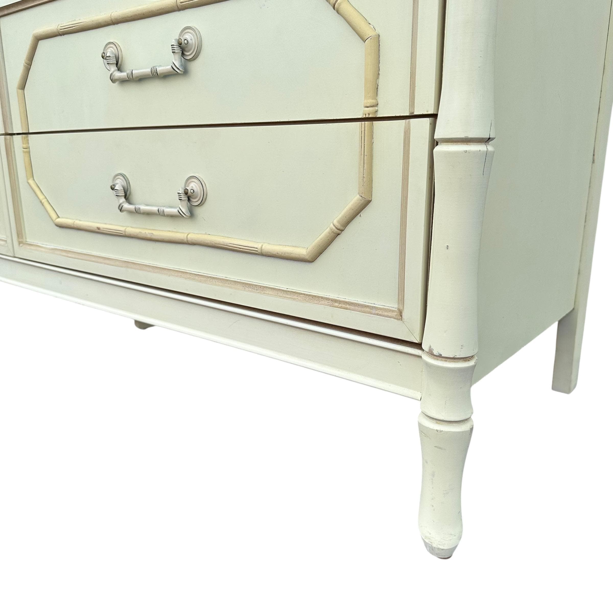 Vintage Broyhill Faux Bamboo Dresser 60" - Creamy White Hollywood Regency Coastal Bedroom Furniture - Thumbnail 7