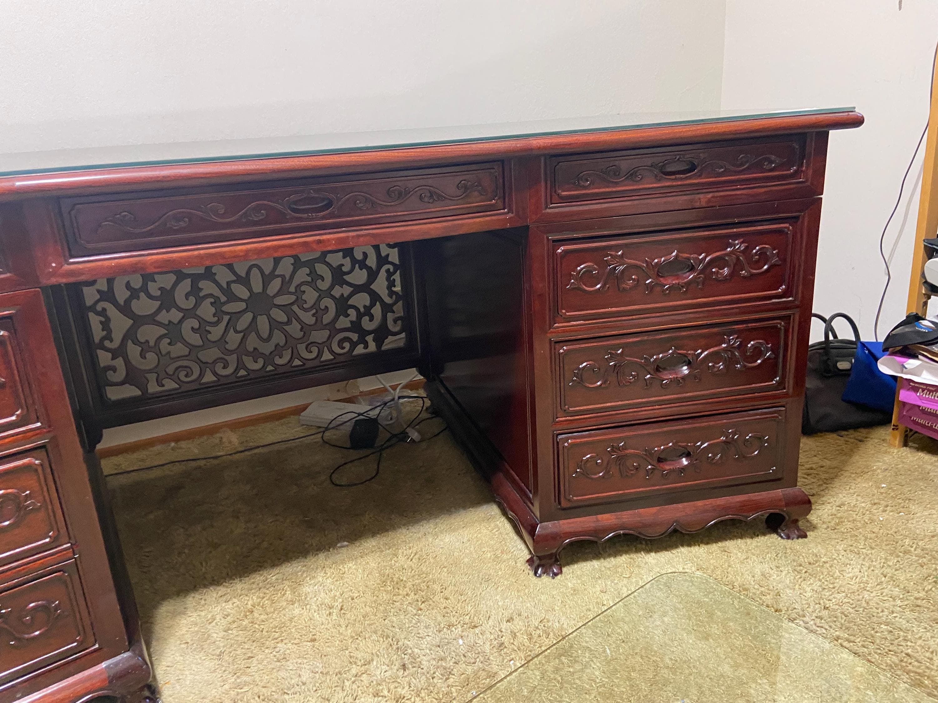 vintage mid century modern Chinese oriental rosewood executive desk - Thumbnail 6