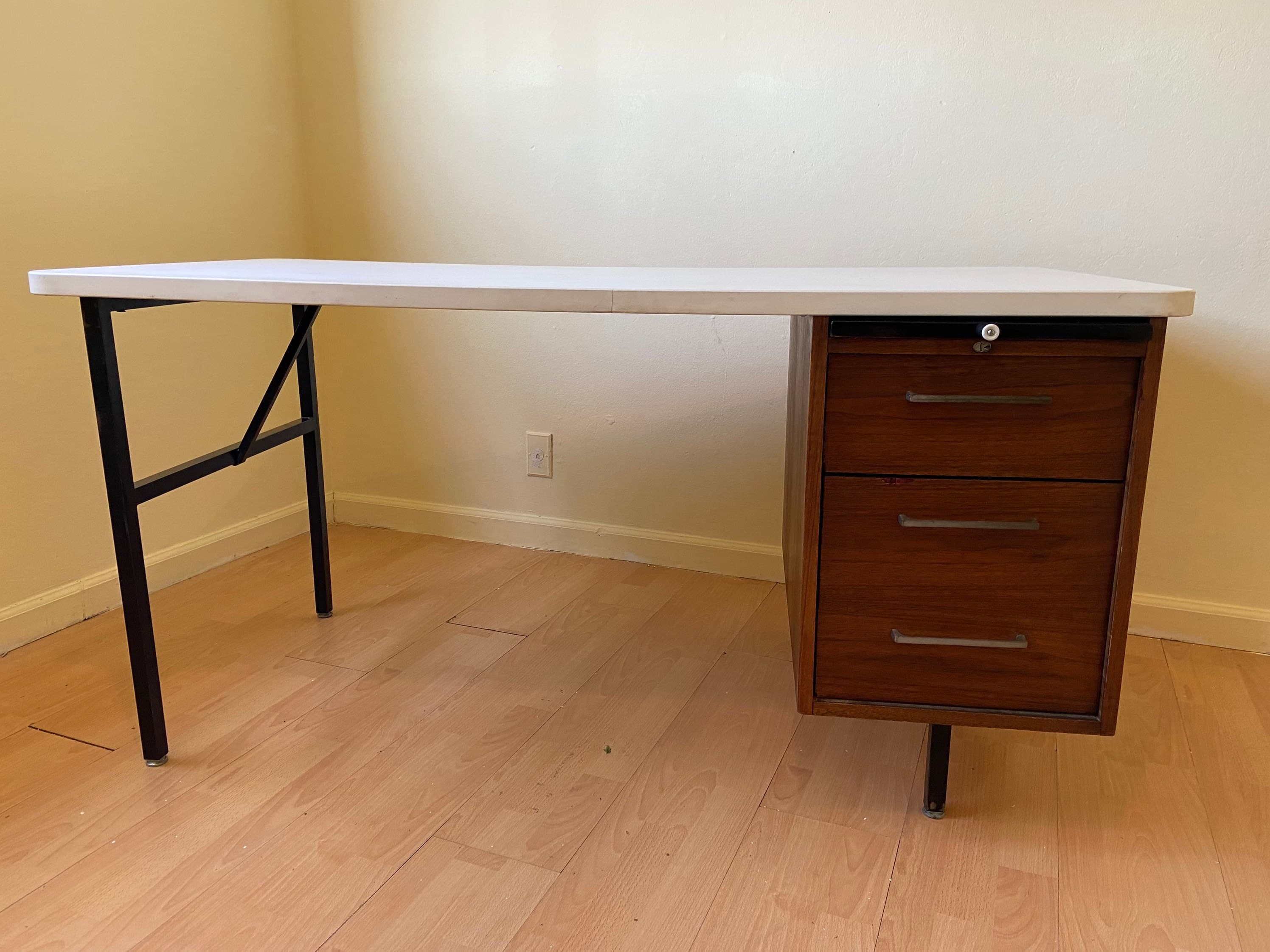 Vintage mid century modern wood veneer executive desk - Thumbnail 4