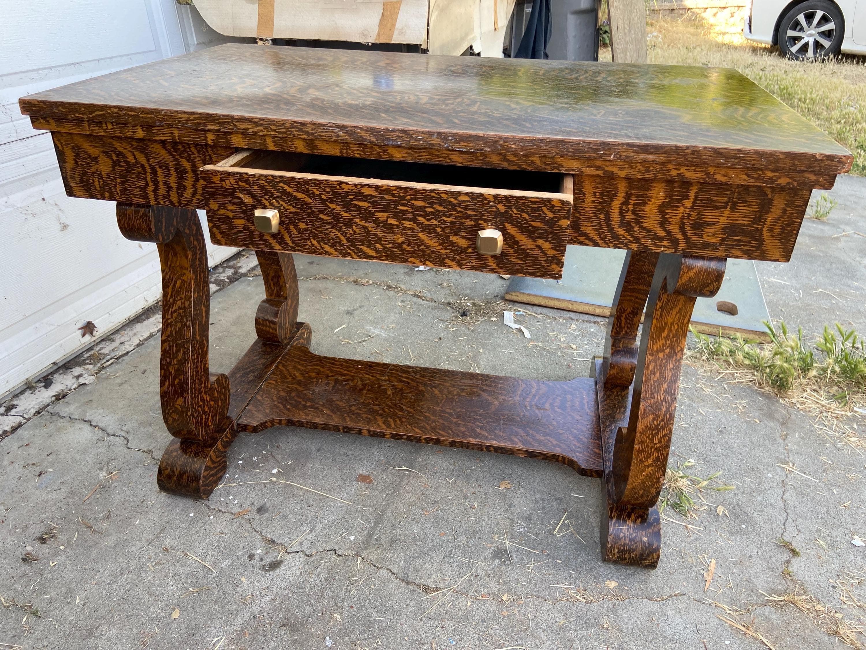 antique reproduction mission arts and crafts mission style wood veneer desk table - Image 1