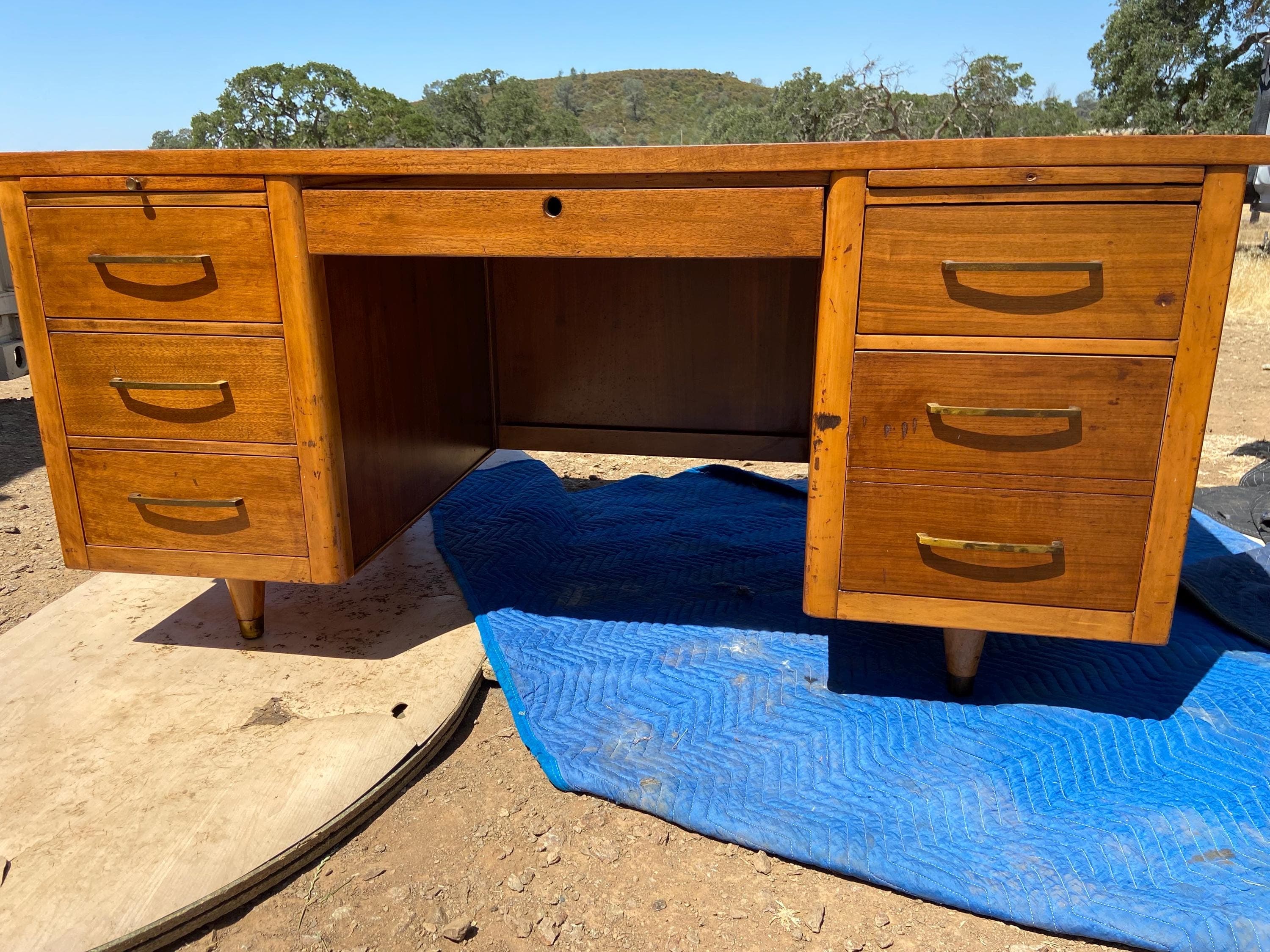 vintage mid century modern walnut desk needs restoration - Thumbnail 2