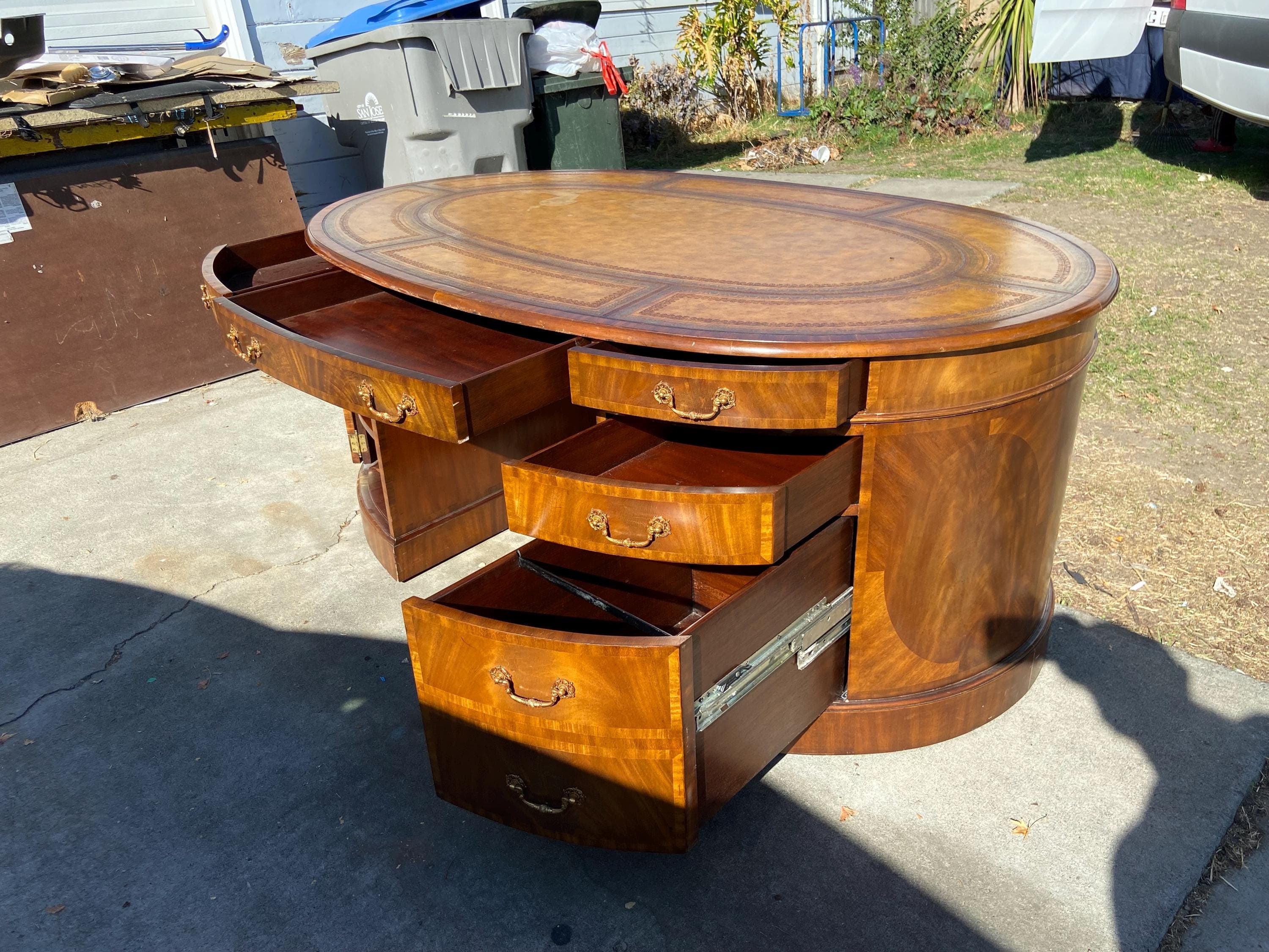 vintage Maitland Smith Oval Partners Desk Victorian burl wood style - Thumbnail 8