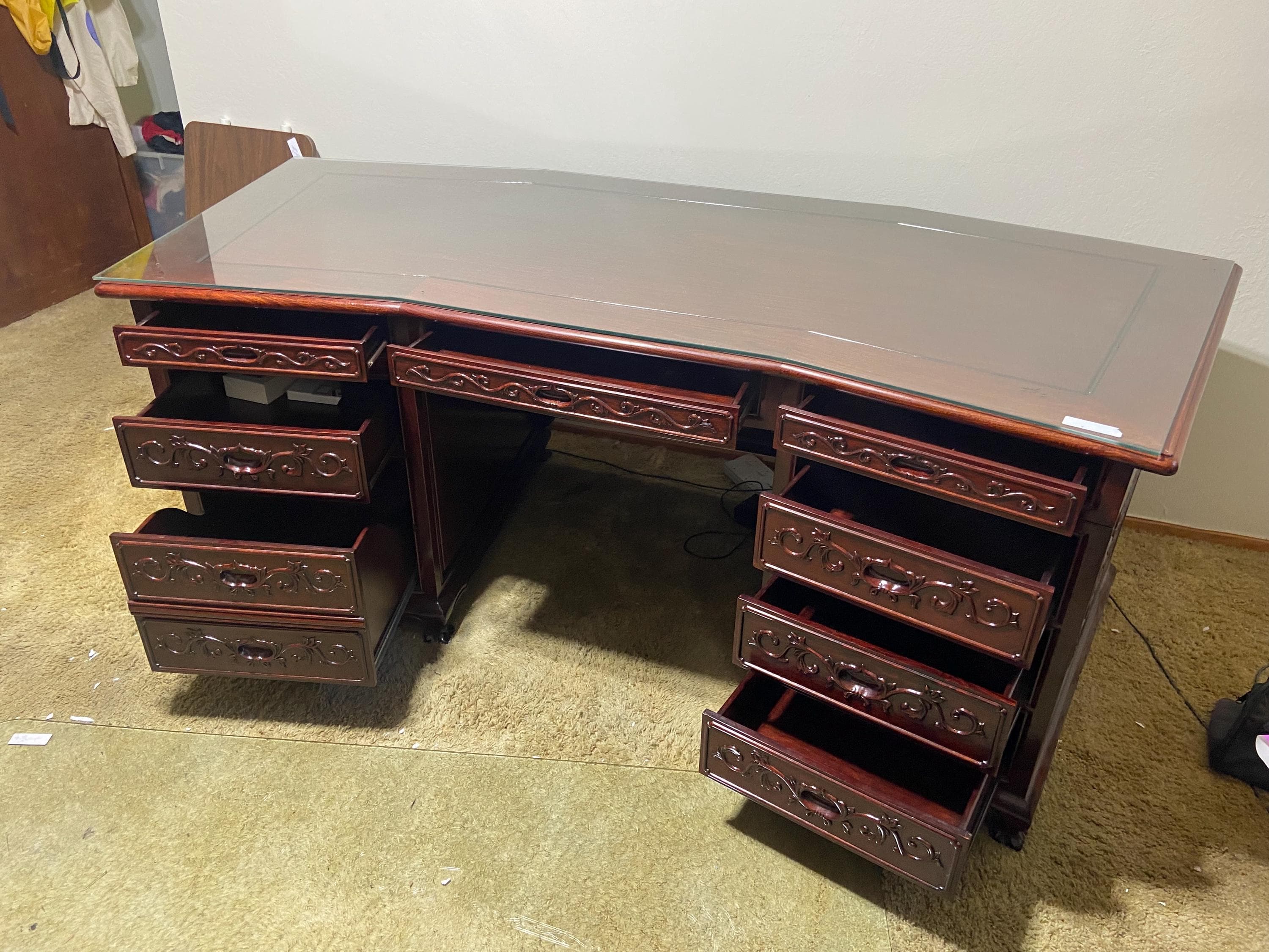 vintage mid century modern Chinese oriental rosewood executive desk - Thumbnail 3