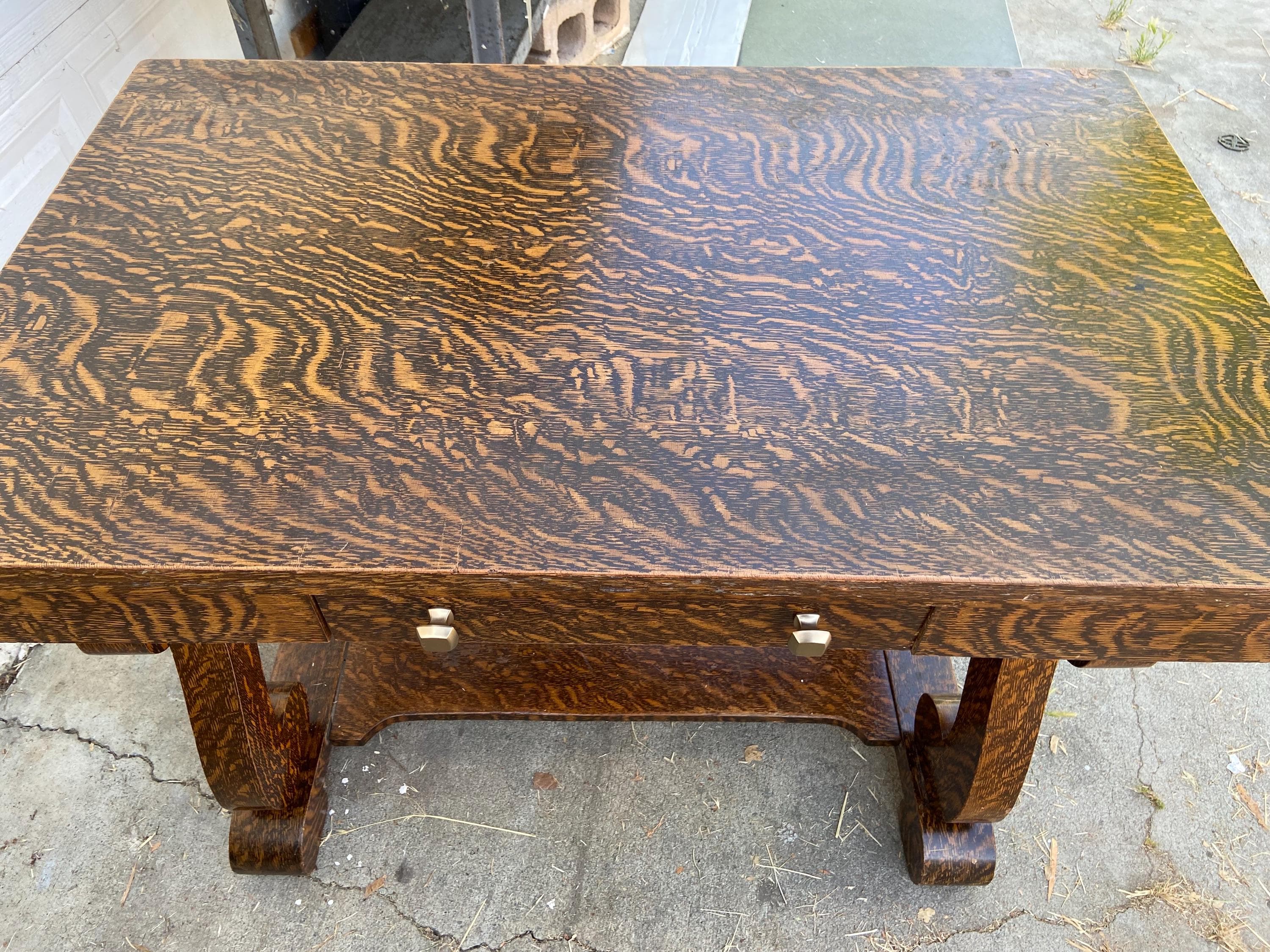 antique reproduction mission arts and crafts mission style wood veneer desk table - Thumbnail 5