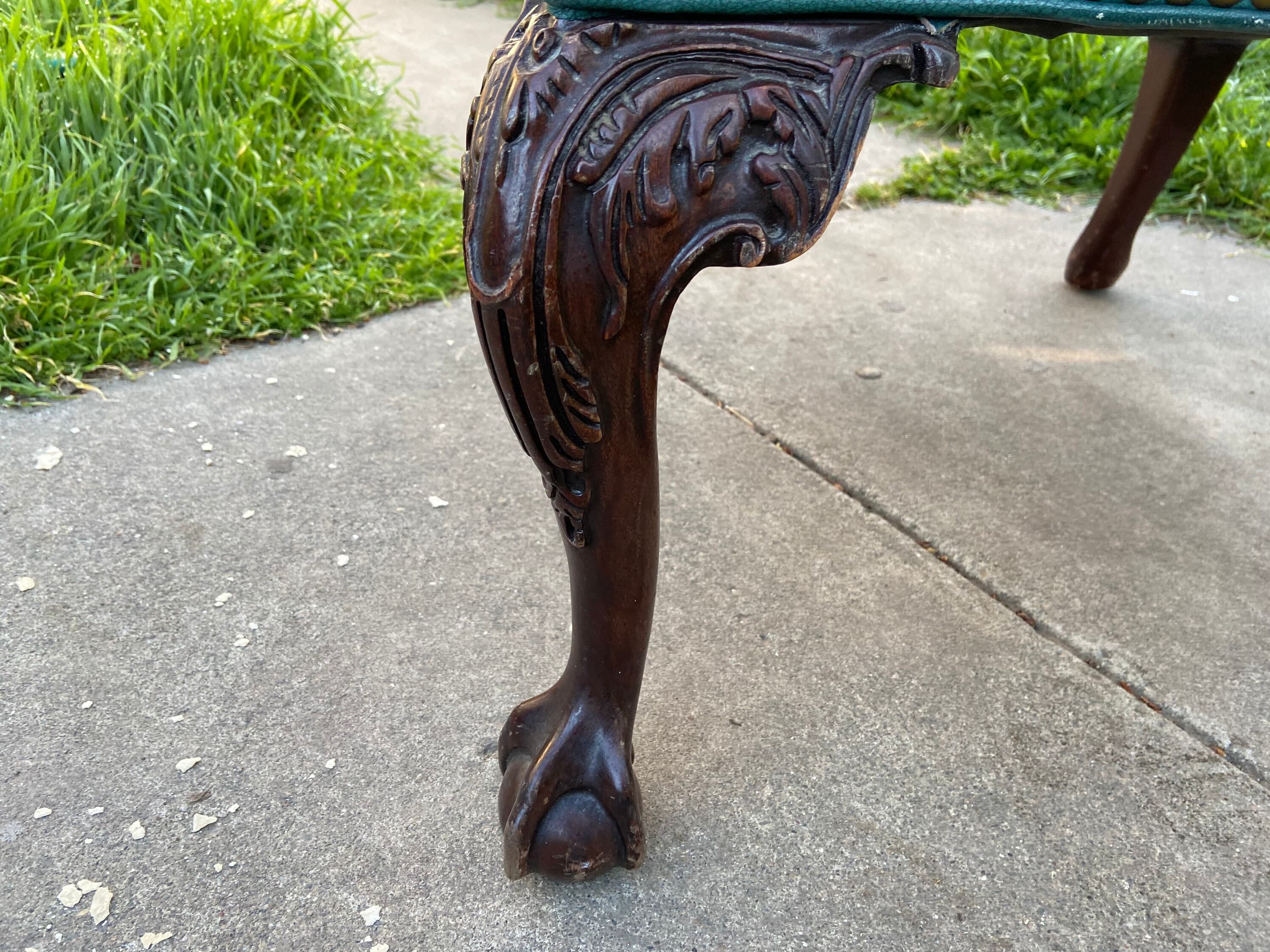 Vintage claw foot faux tufted leather high back arm chair - Thumbnail 9