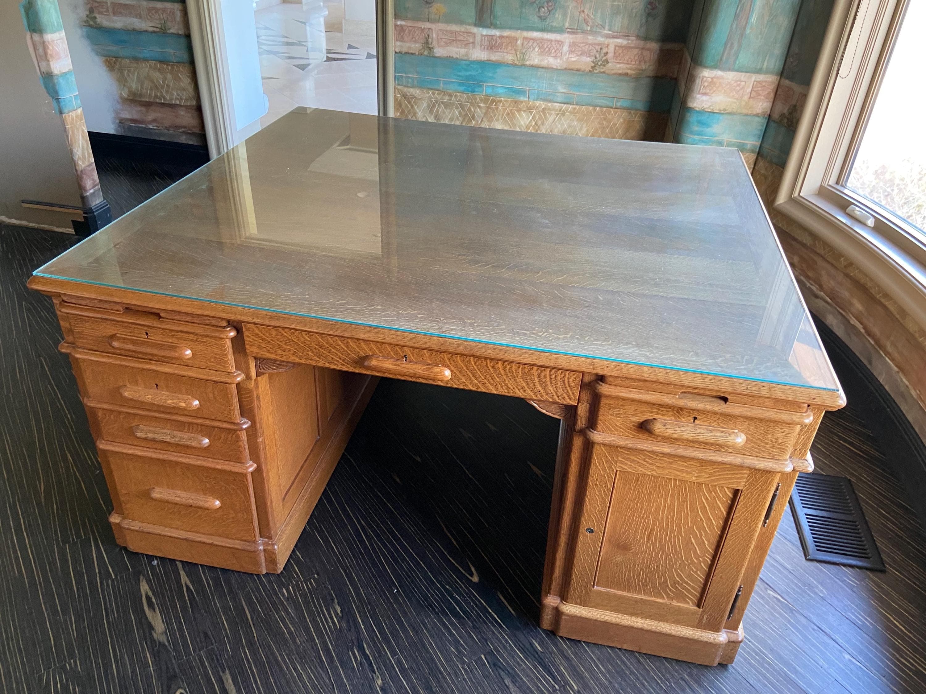 antique oak partners double sided executive desk with glass top cover - Image 1
