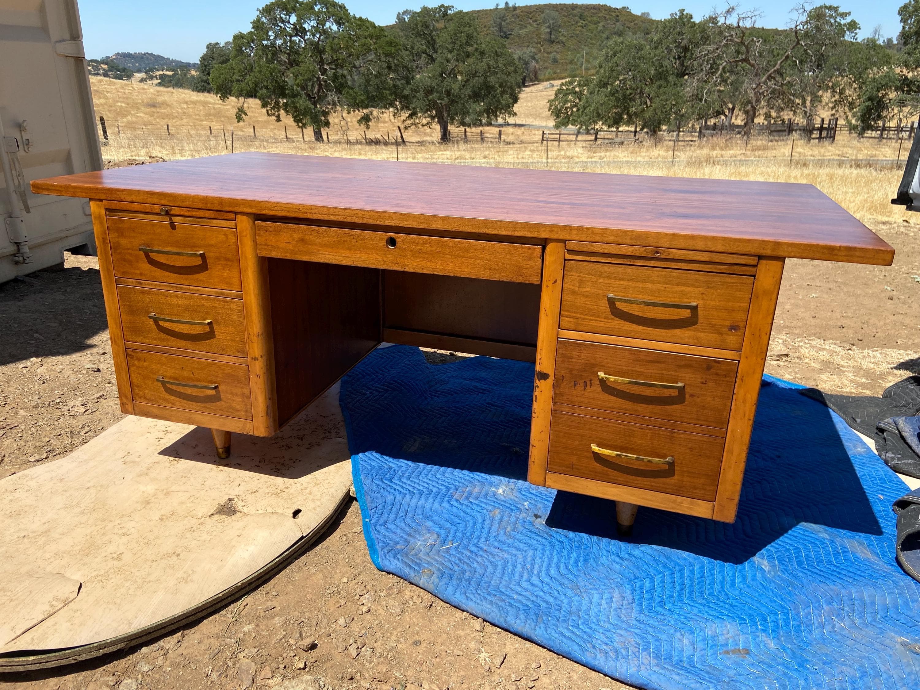 vintage mid century modern walnut desk needs restoration - Thumbnail 4