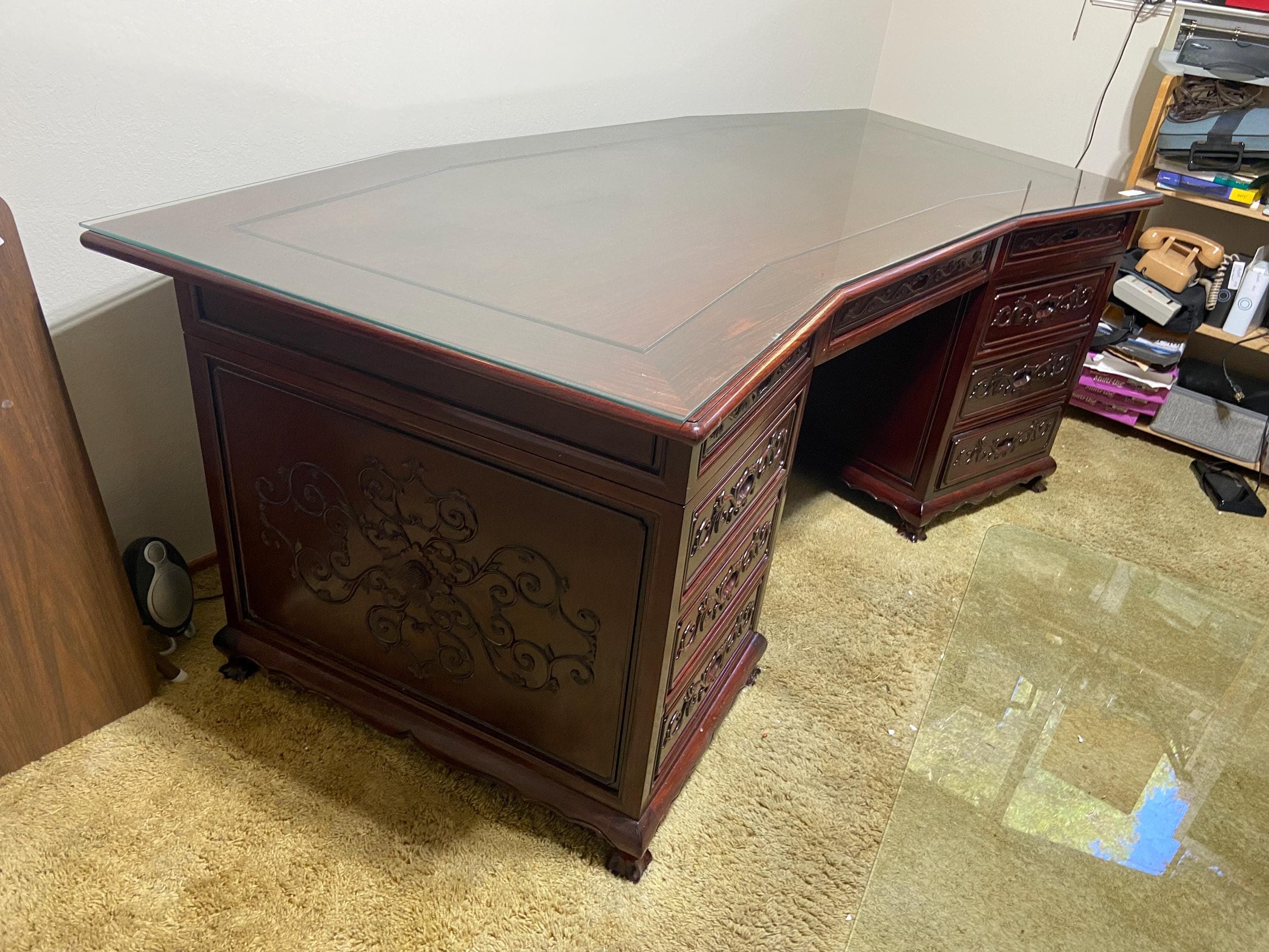 vintage mid century modern Chinese oriental rosewood executive desk - Thumbnail 5