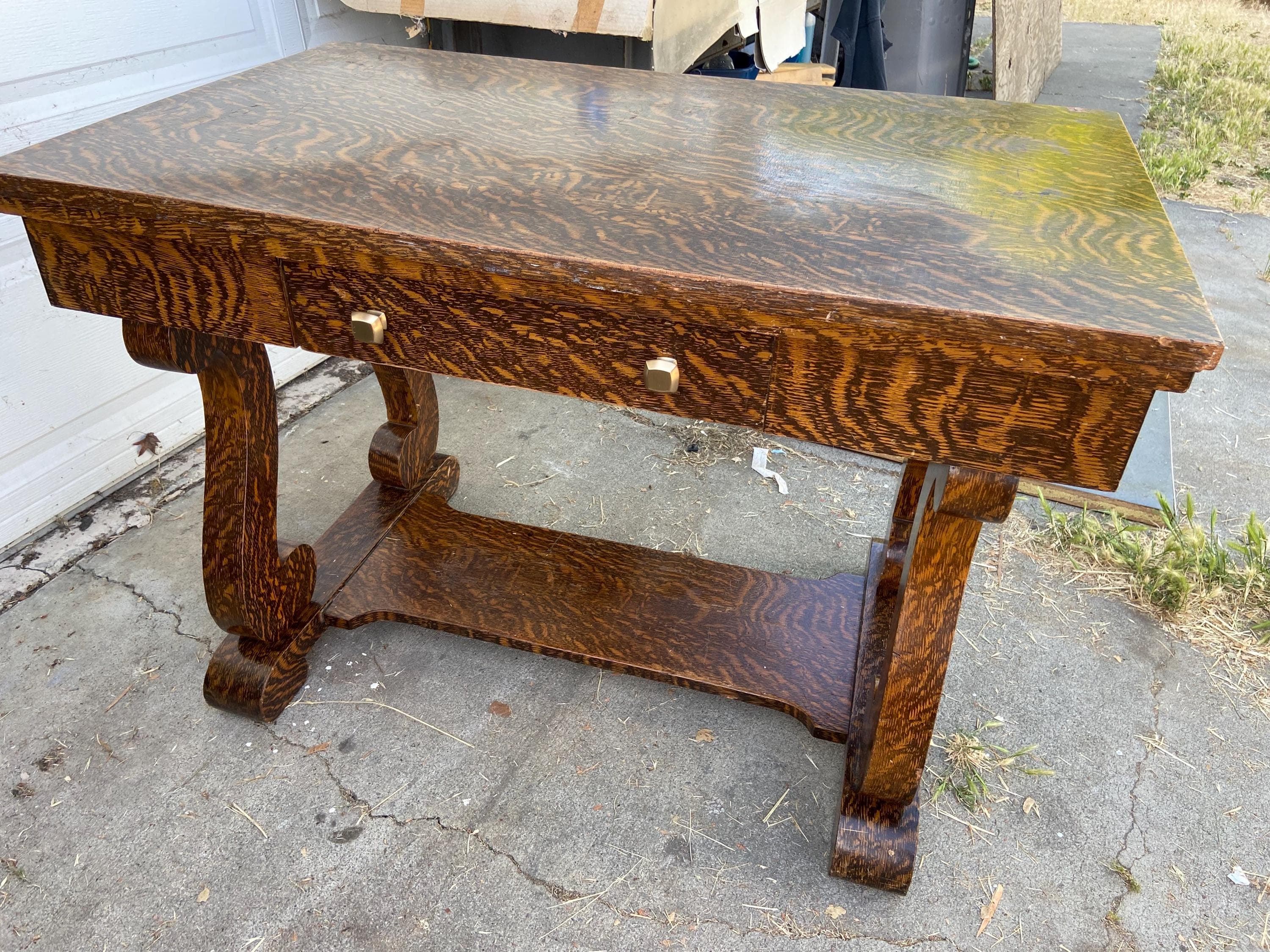 antique reproduction mission arts and crafts mission style wood veneer desk table - Thumbnail 4