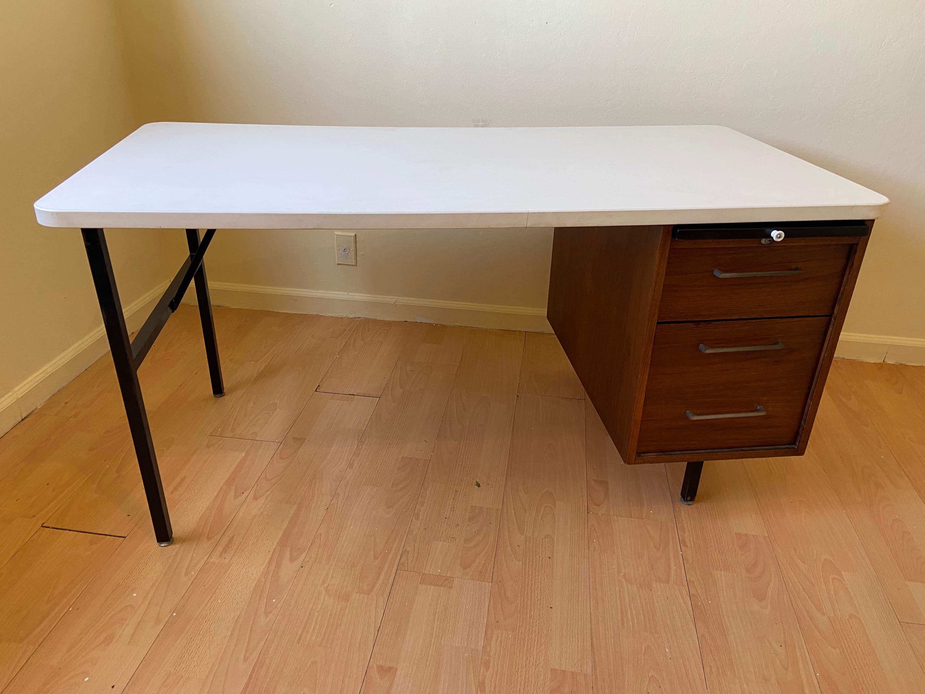 Vintage mid century modern wood veneer executive desk - Thumbnail 8