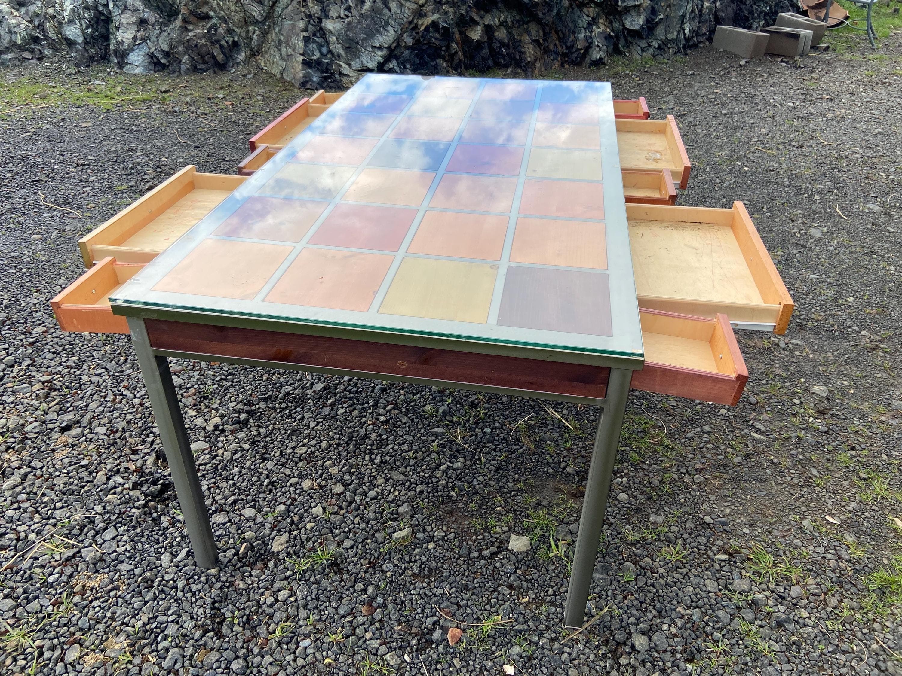 Venezia Furniture Modern Brushed Steel Table Partners Desk With Wooden Square tiles and glass top - Thumbnail 7