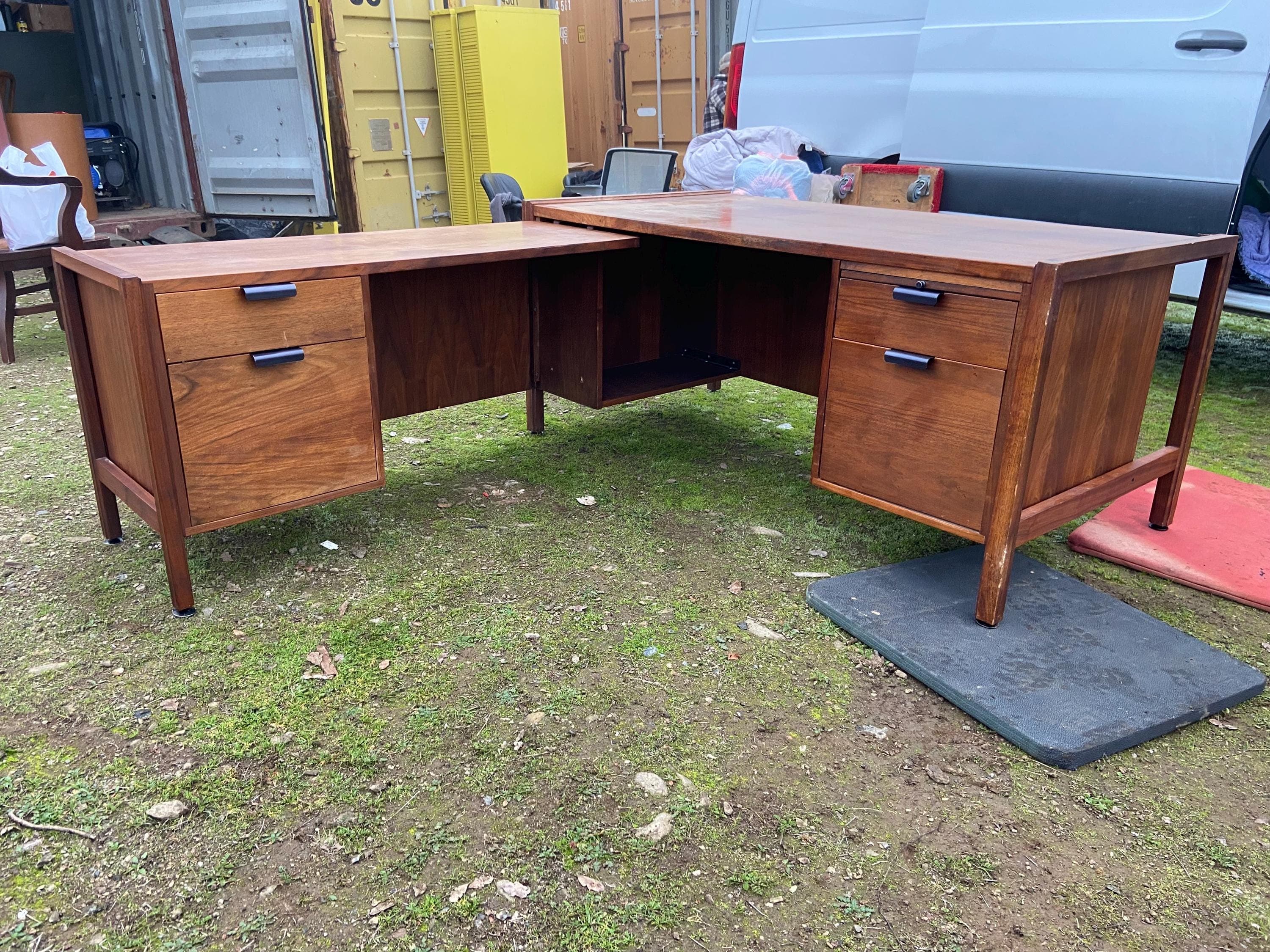 vintage mid century modern walnut corner desk surface top needs refinishing - Image 1
