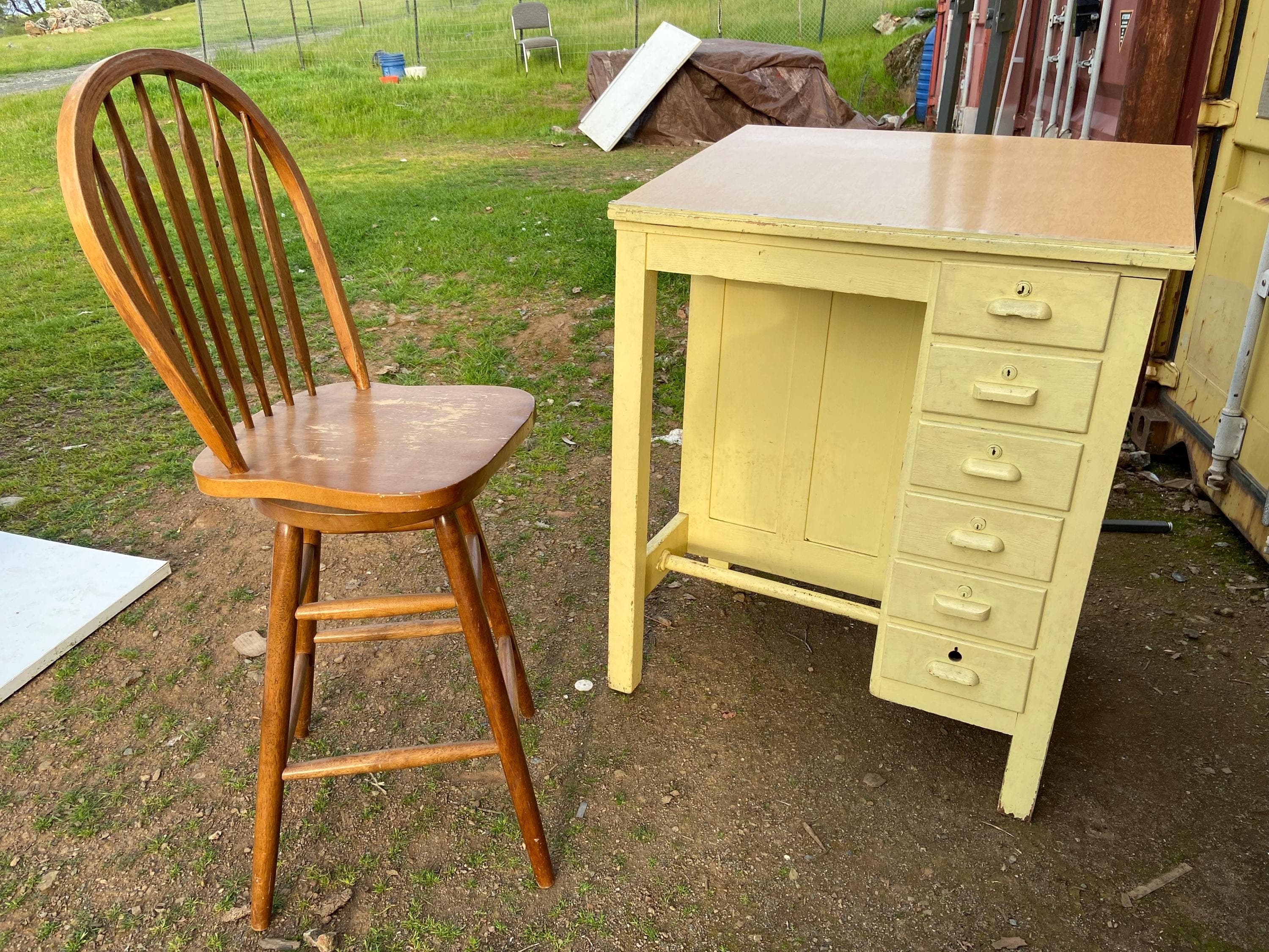 antique arts and crafts drafting table jeweler’s cabinet and chair - Image 1