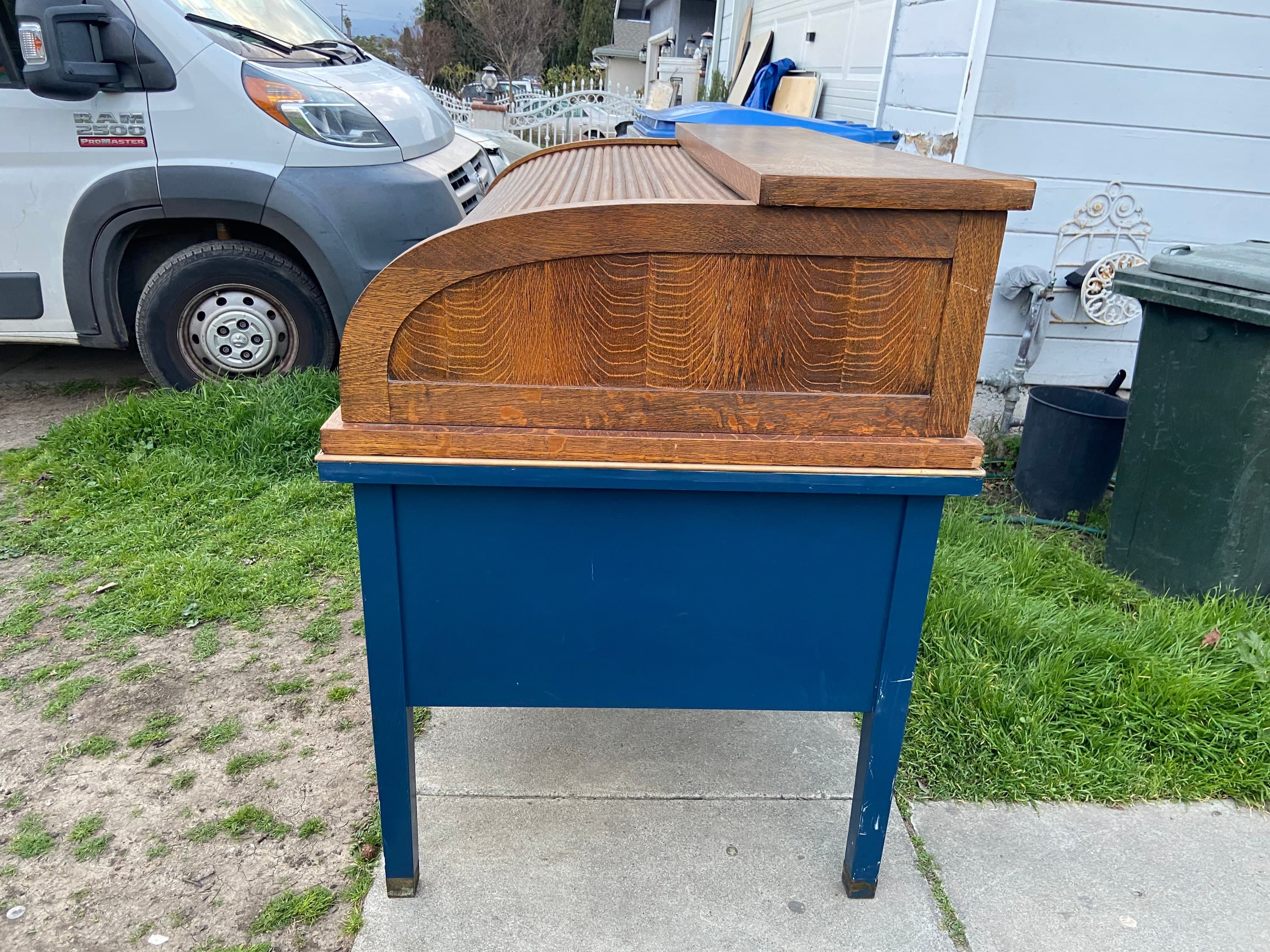 Antique tiger oak roll top metal tanker desk - Thumbnail 4