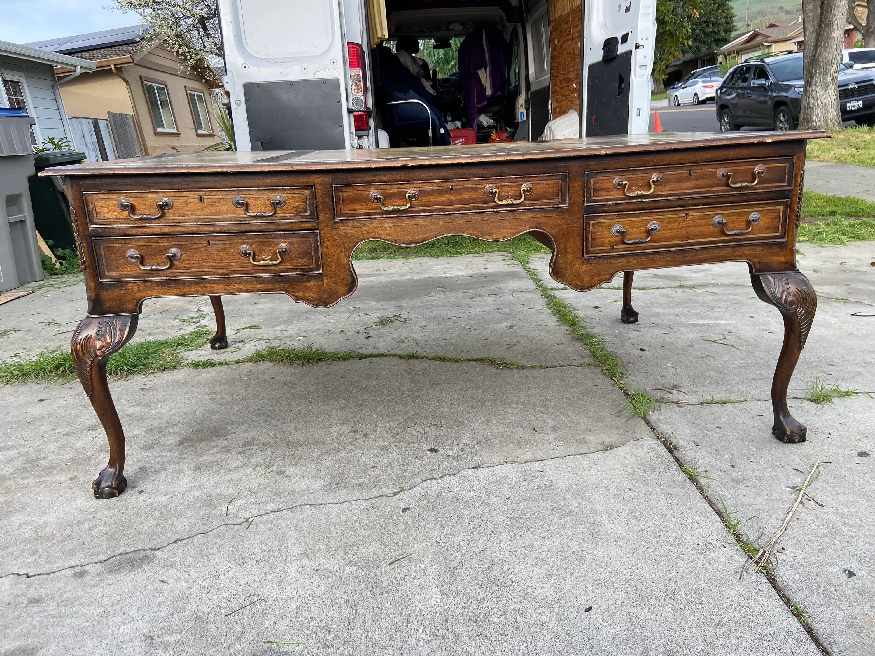 Antique English leather top partners desk - Image 1