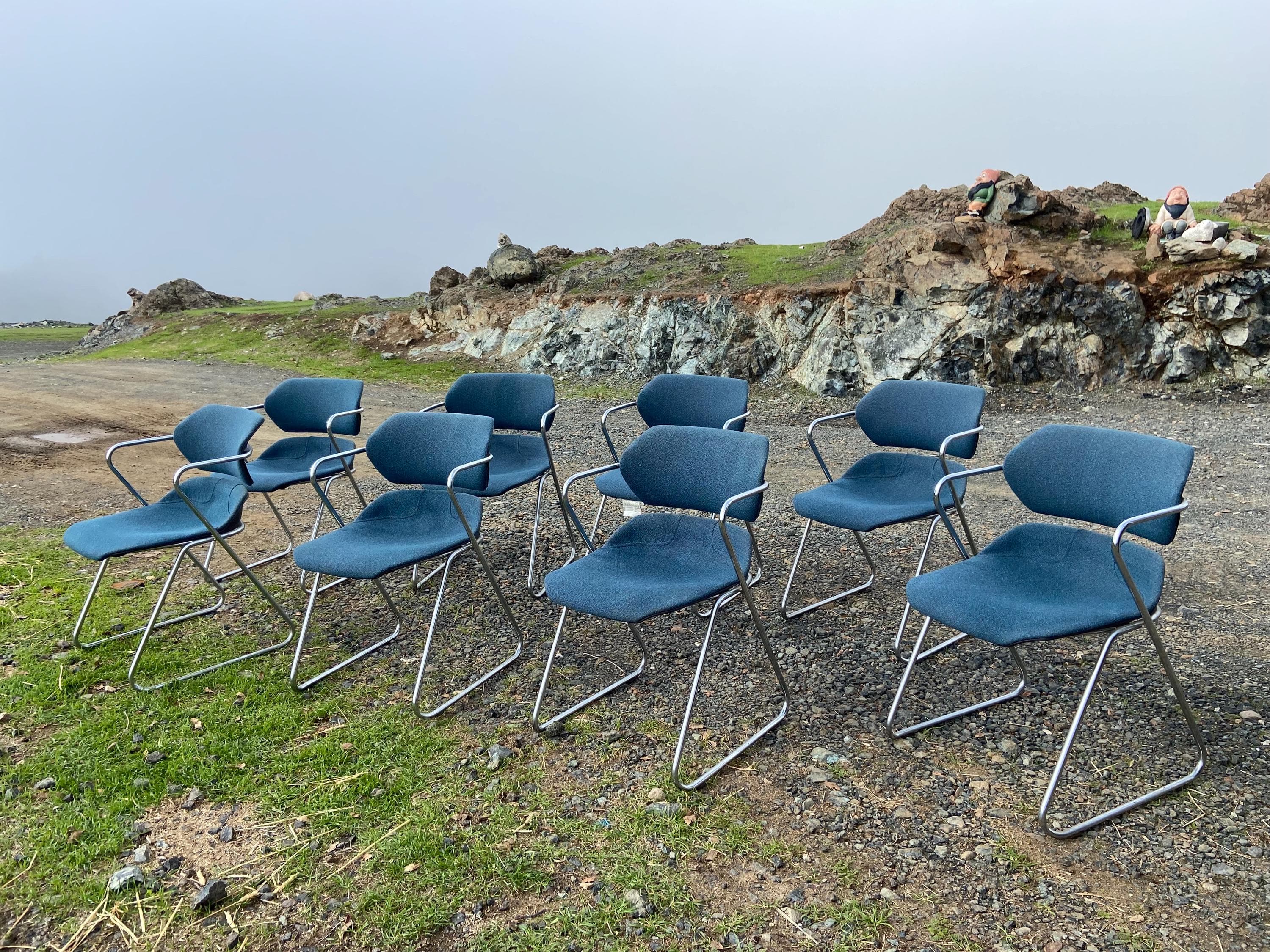 Vintage Mid Century Modern Acton Stacker fabric Cantilevered Side Chairs Set Of 8 - Image 1