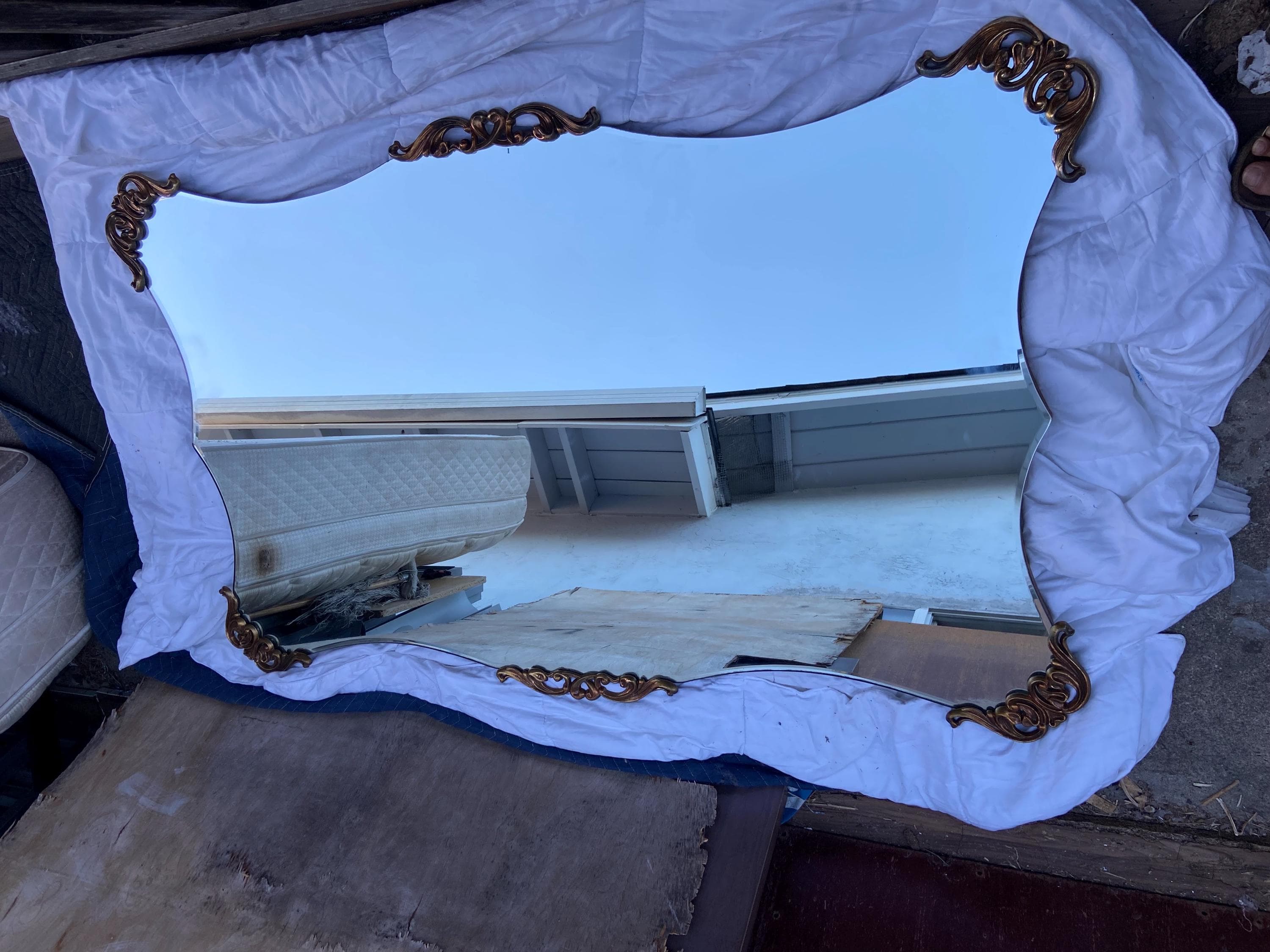 vintage mid century modern large 1940’s gold rococo Hollywood regency wall mirror - Thumbnail 4