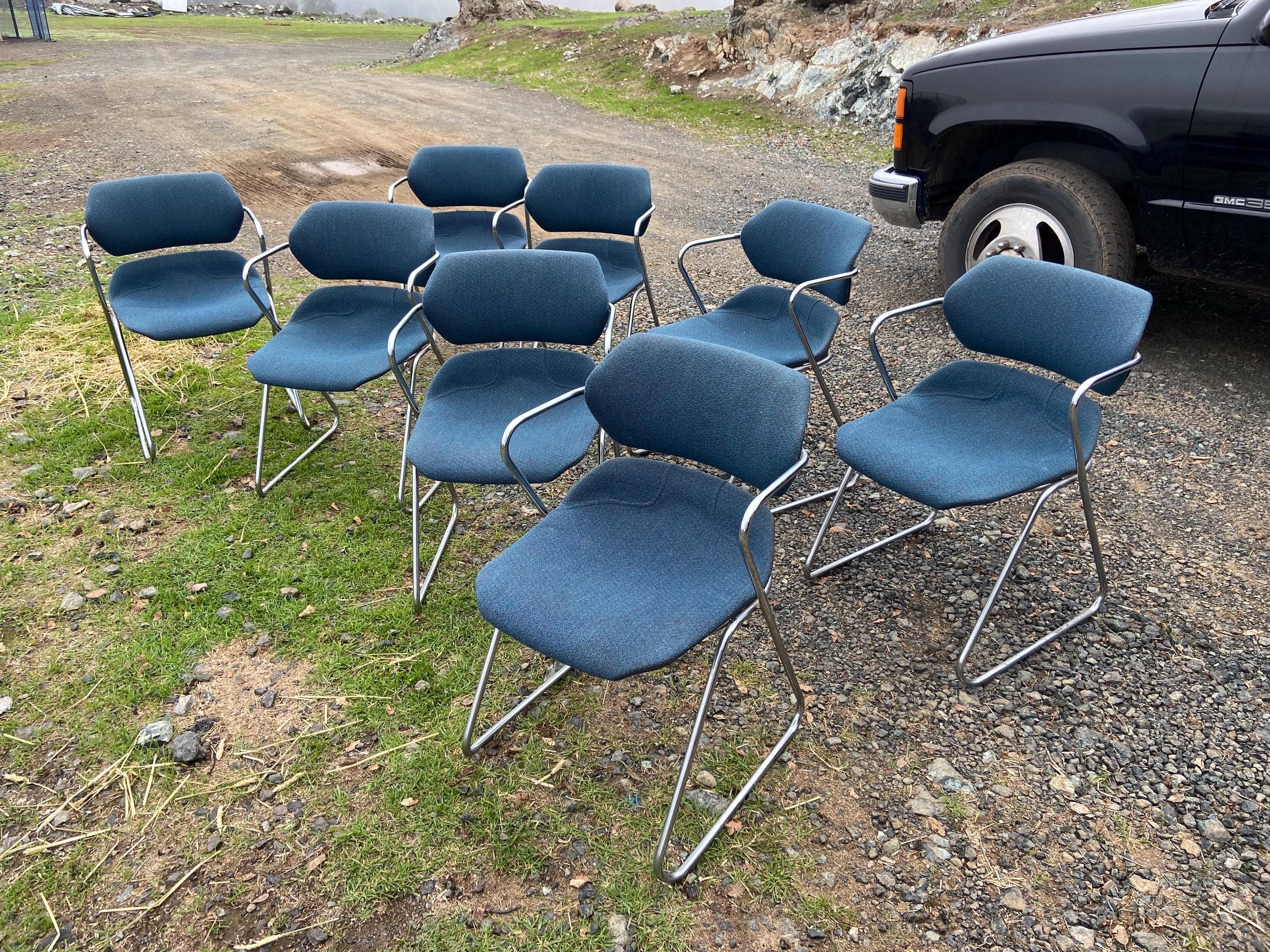 Vintage Mid Century Modern Acton Stacker fabric Cantilevered Side Chairs Set Of 8 - Thumbnail 10