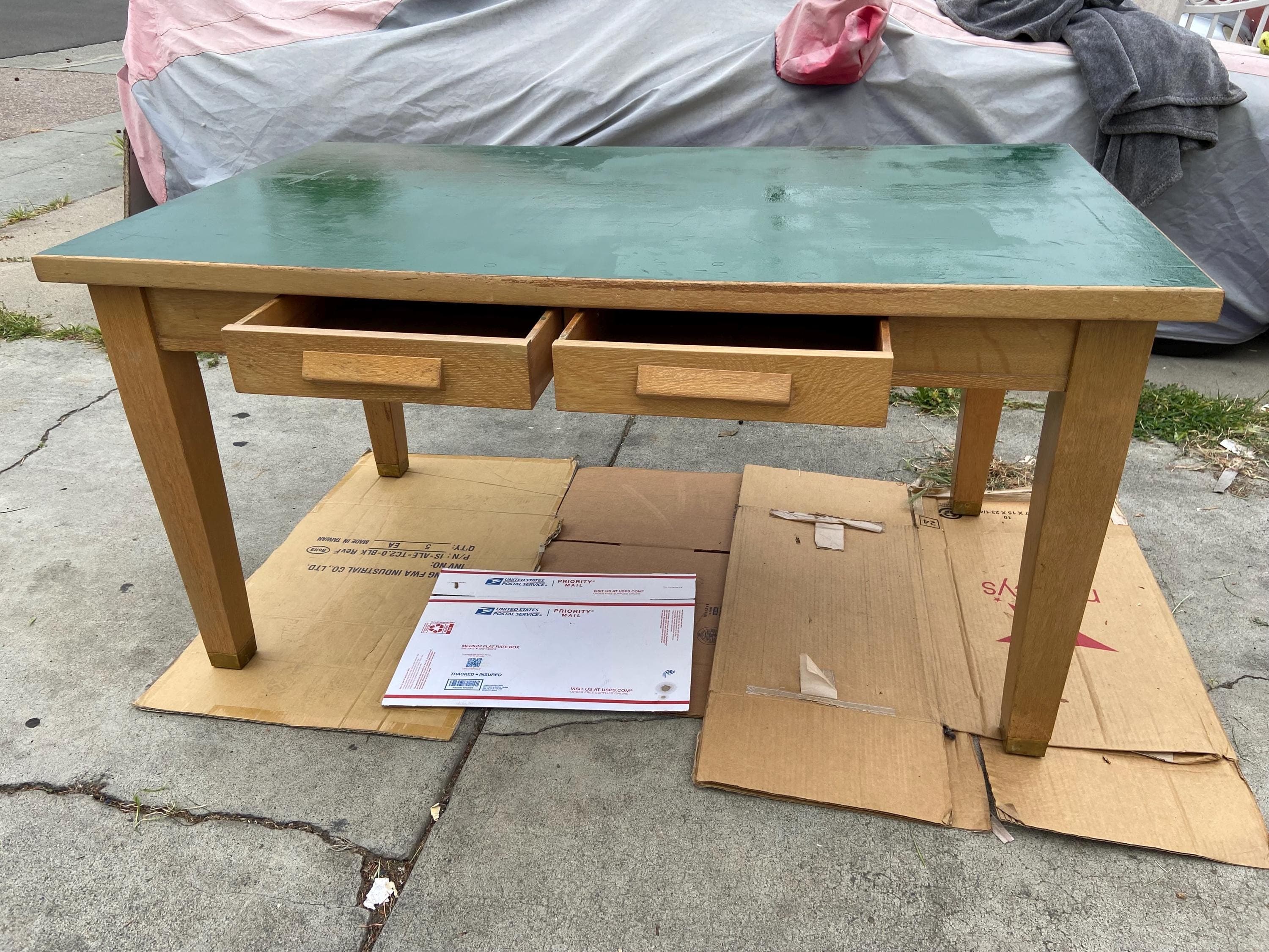 antique library blonde oak teachers arts and crafts school desk table - Image 1