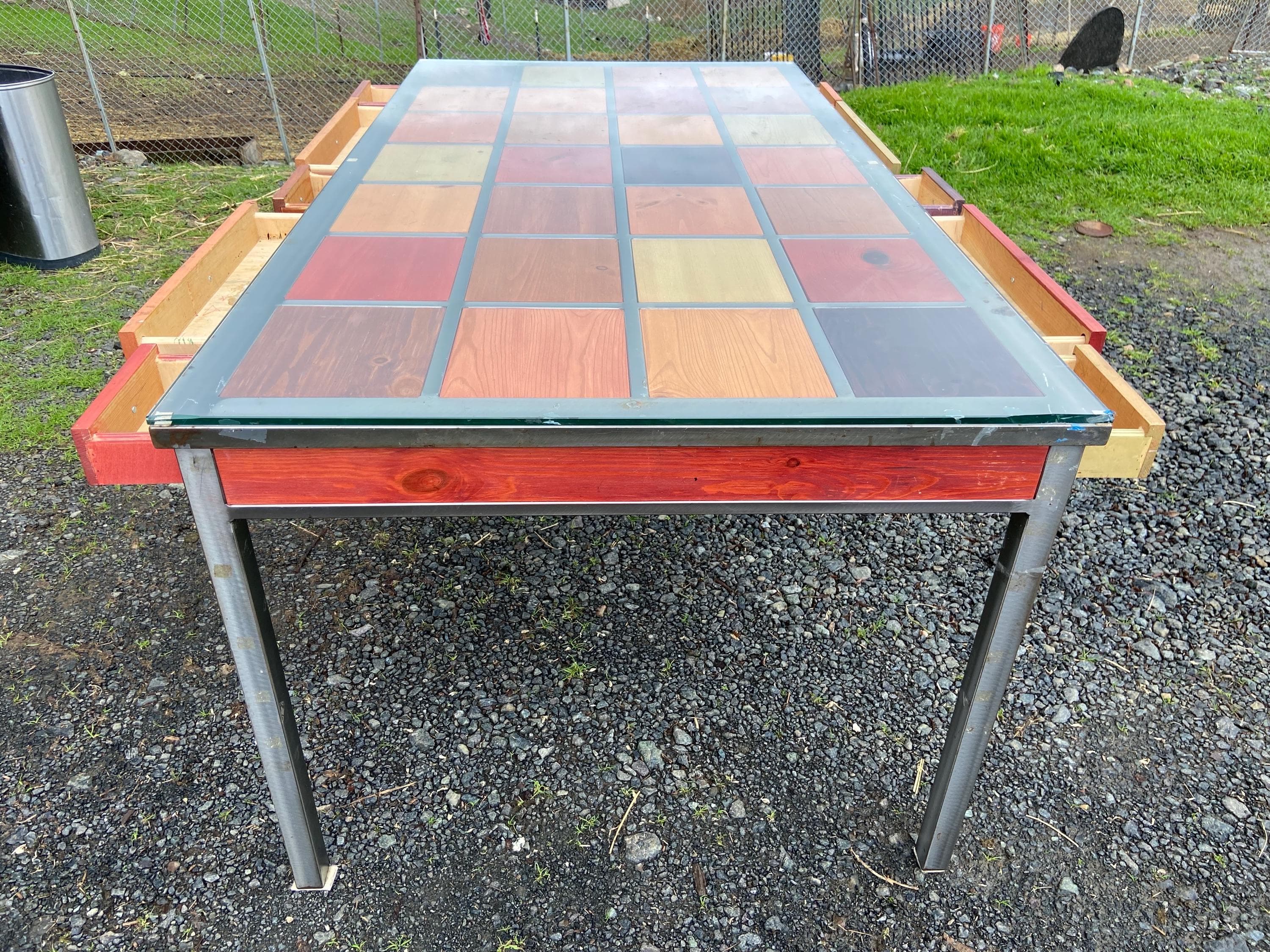 Venezia Furniture Modern Brushed Steel Table Partners Desk With Wooden Square tiles and glass top - Thumbnail 10