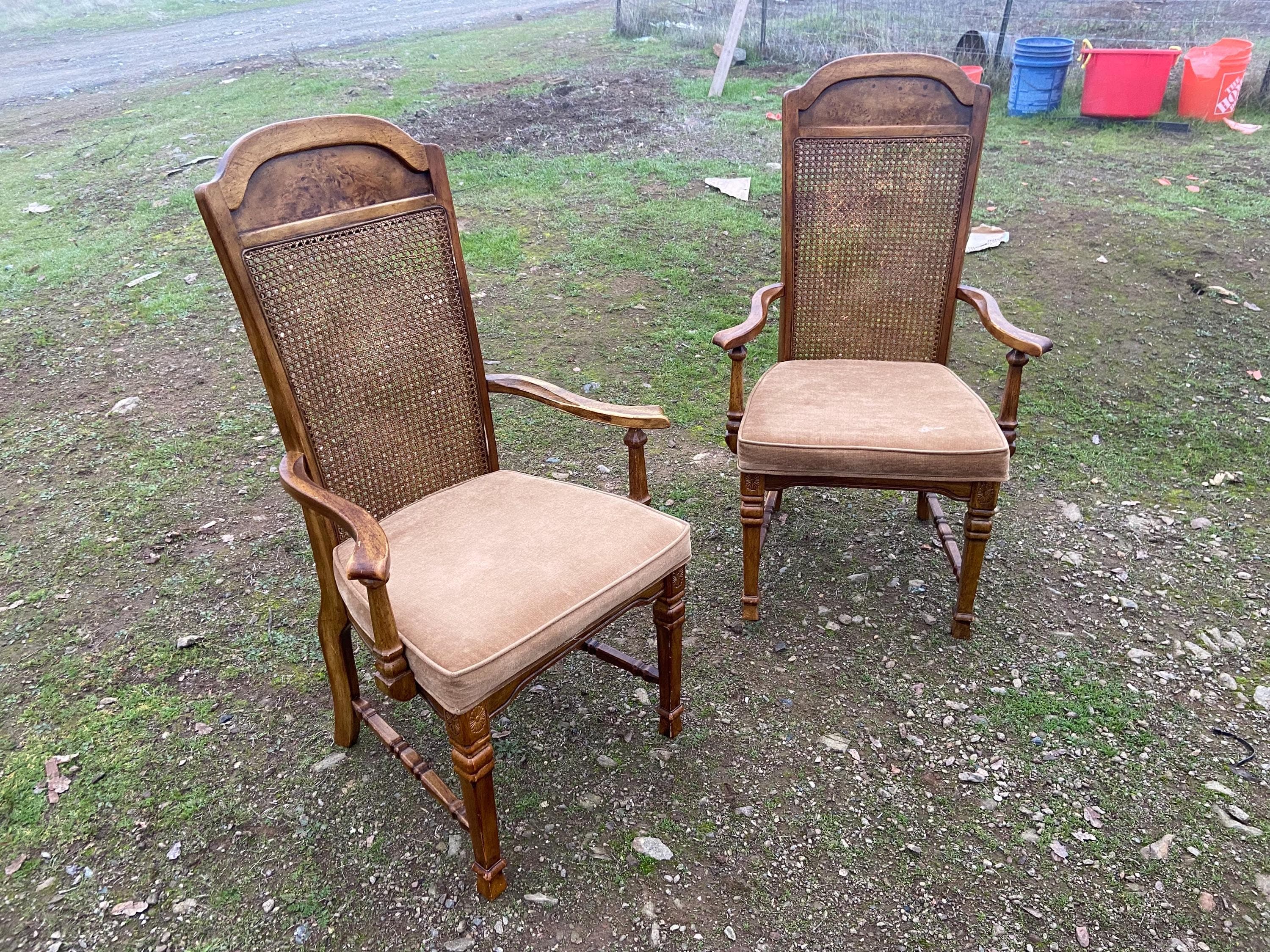 Vintage Walnut/Cane Back Dining Armchairs Set of Two Need New Fabric - Image 1