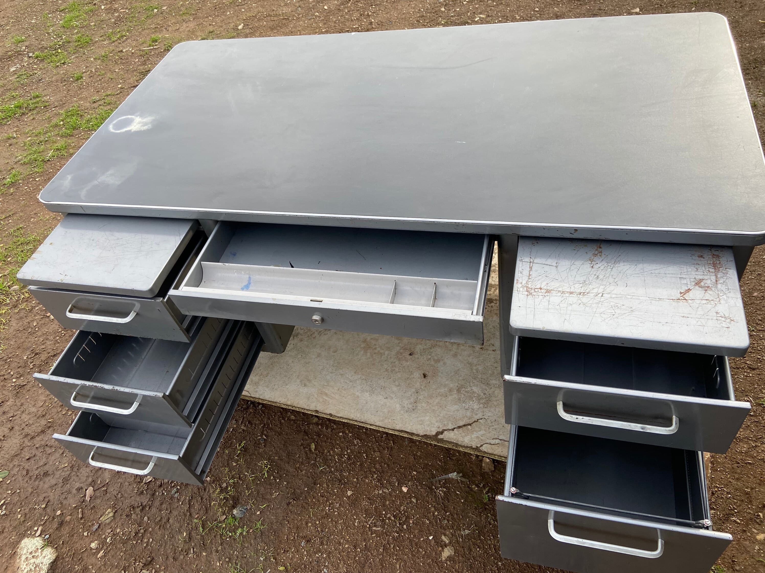 Steelcase vintage mid century modern metal tanker desk with patina - Thumbnail 4