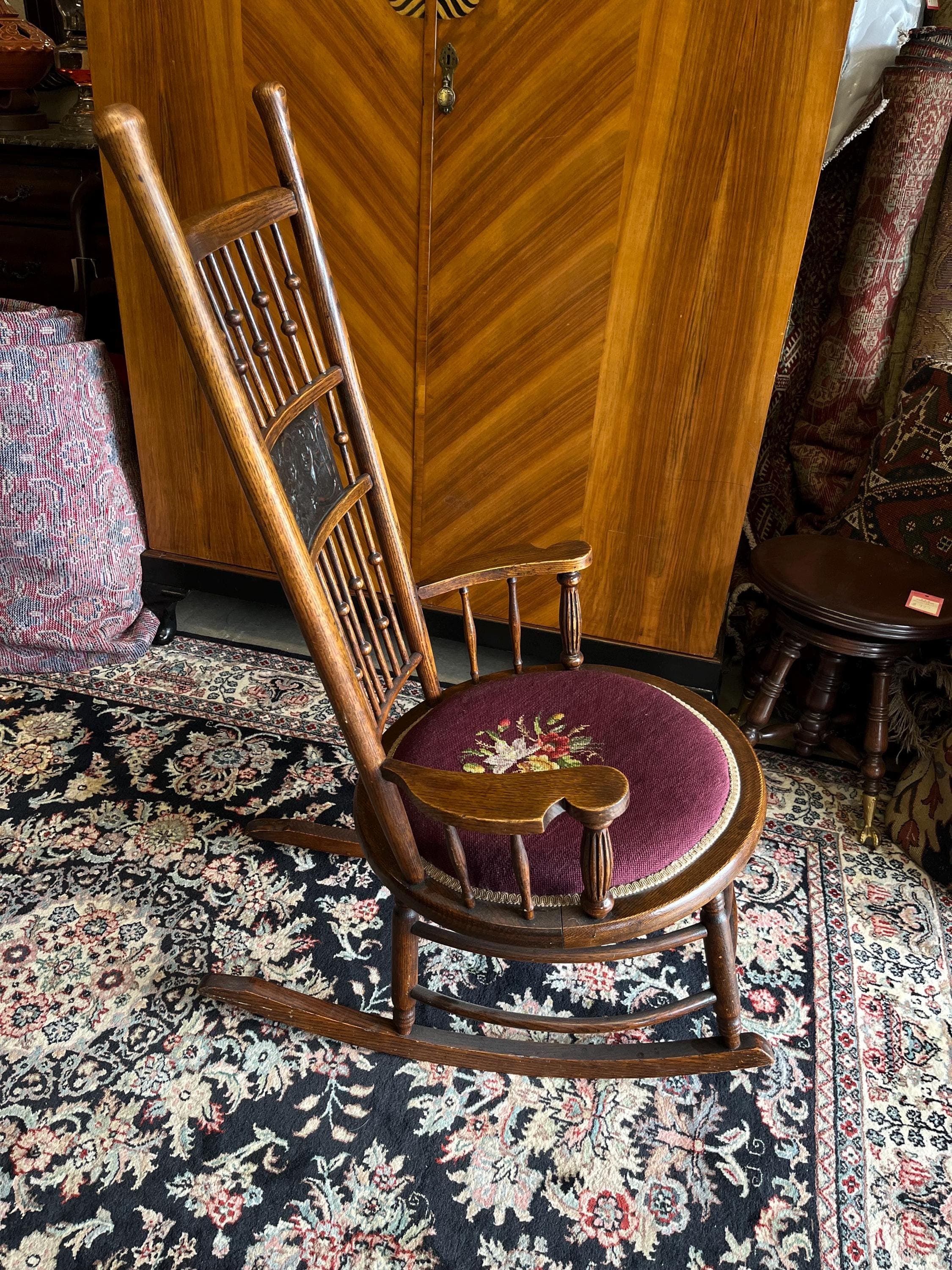 Victorian Stick and Ball Rocker With Needlepoint Seat - Thumbnail 7