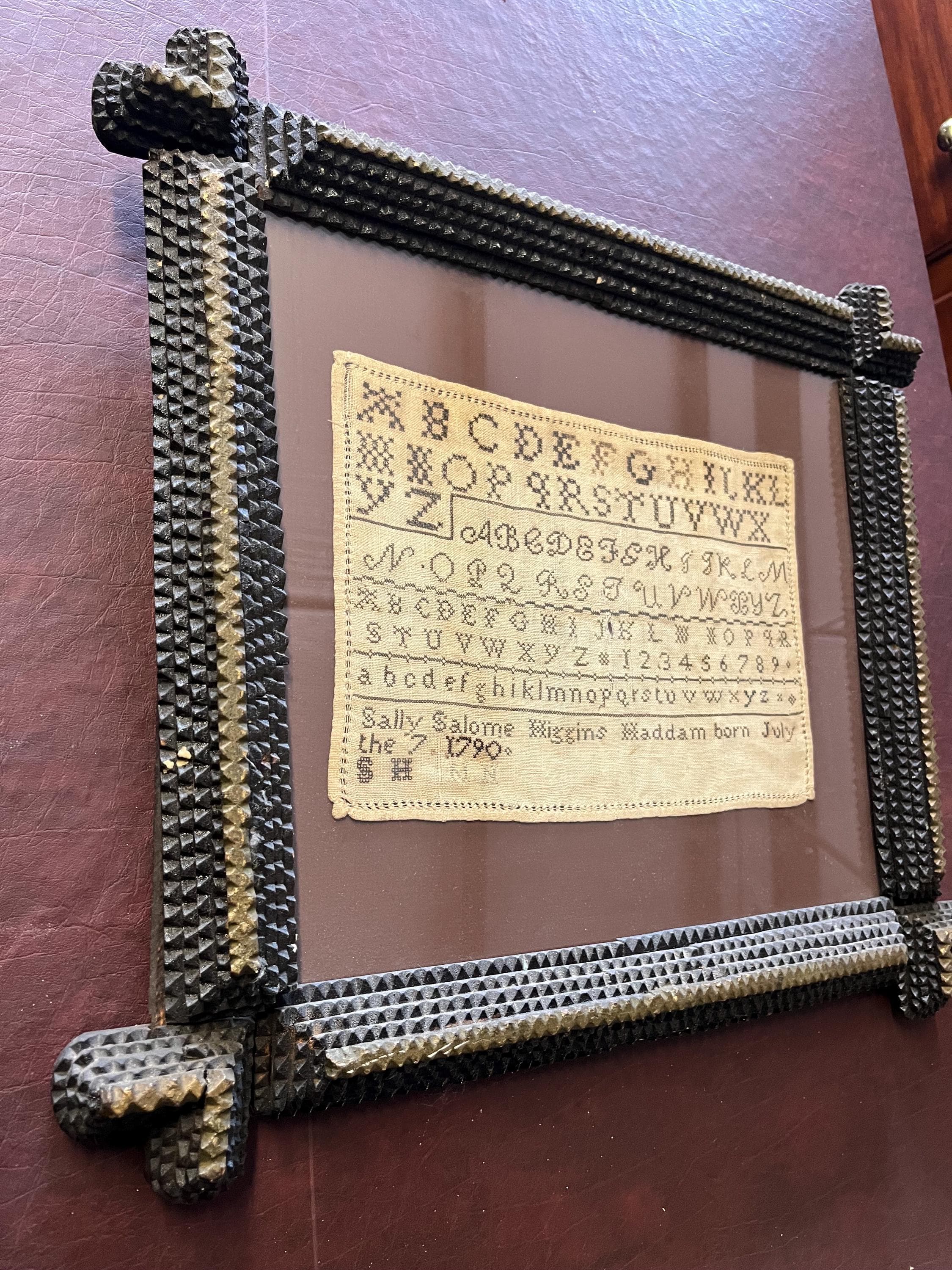 Antique Needlepoint Sampler With Tramp Art Frame - Thumbnail 7