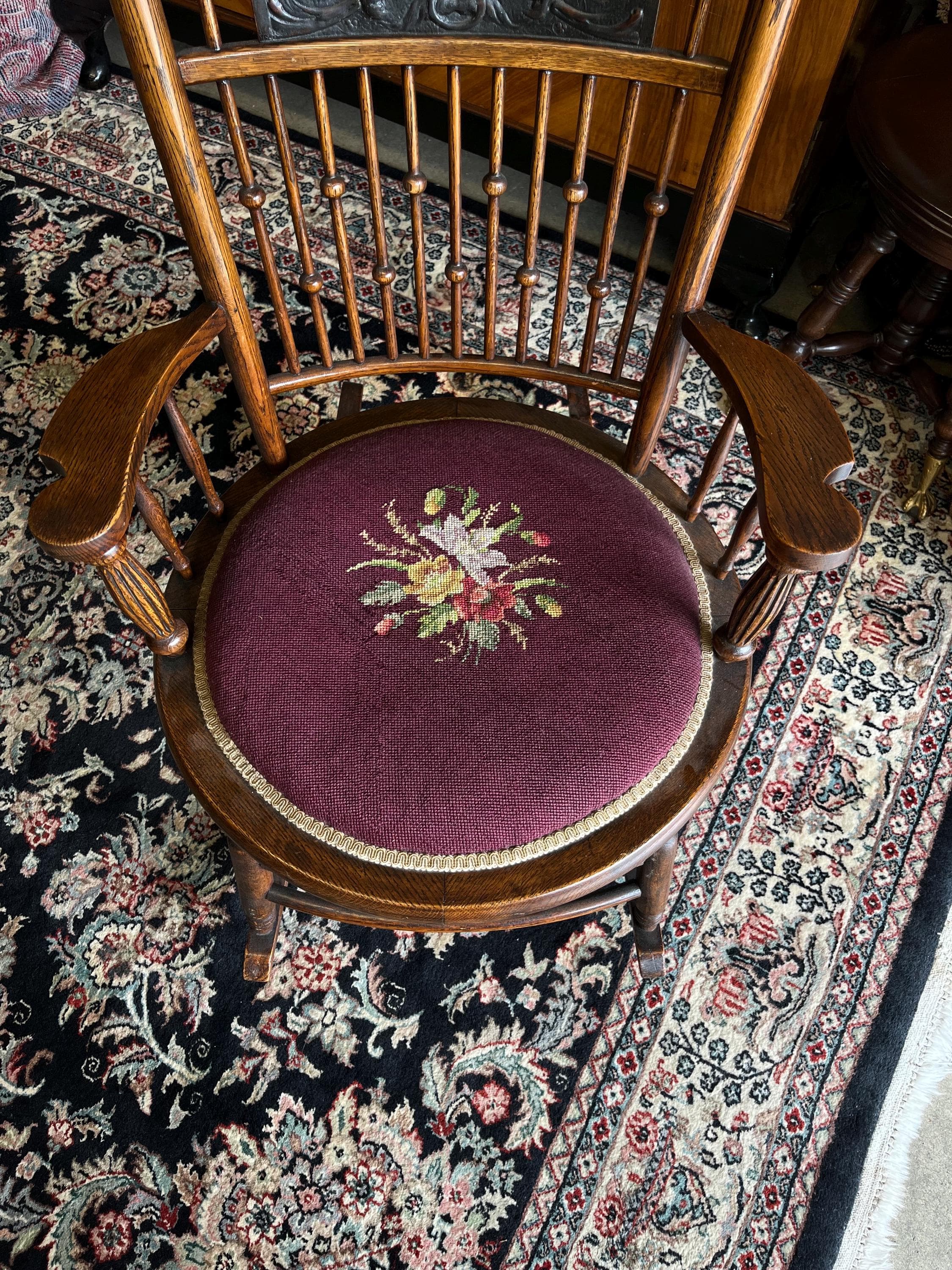 Victorian Stick and Ball Rocker With Needlepoint Seat - Thumbnail 3