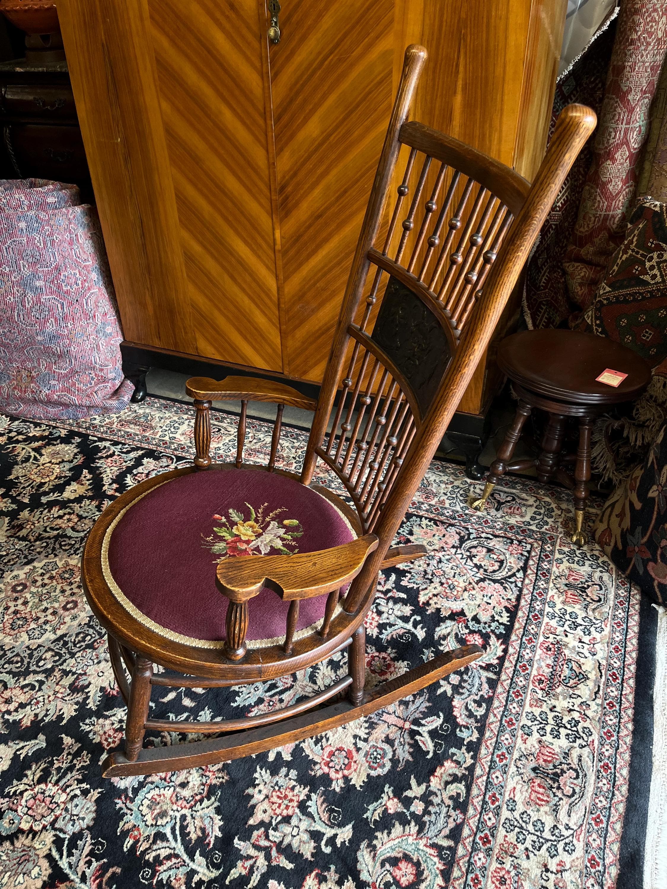 Victorian Stick and Ball Rocker With Needlepoint Seat - Thumbnail 5