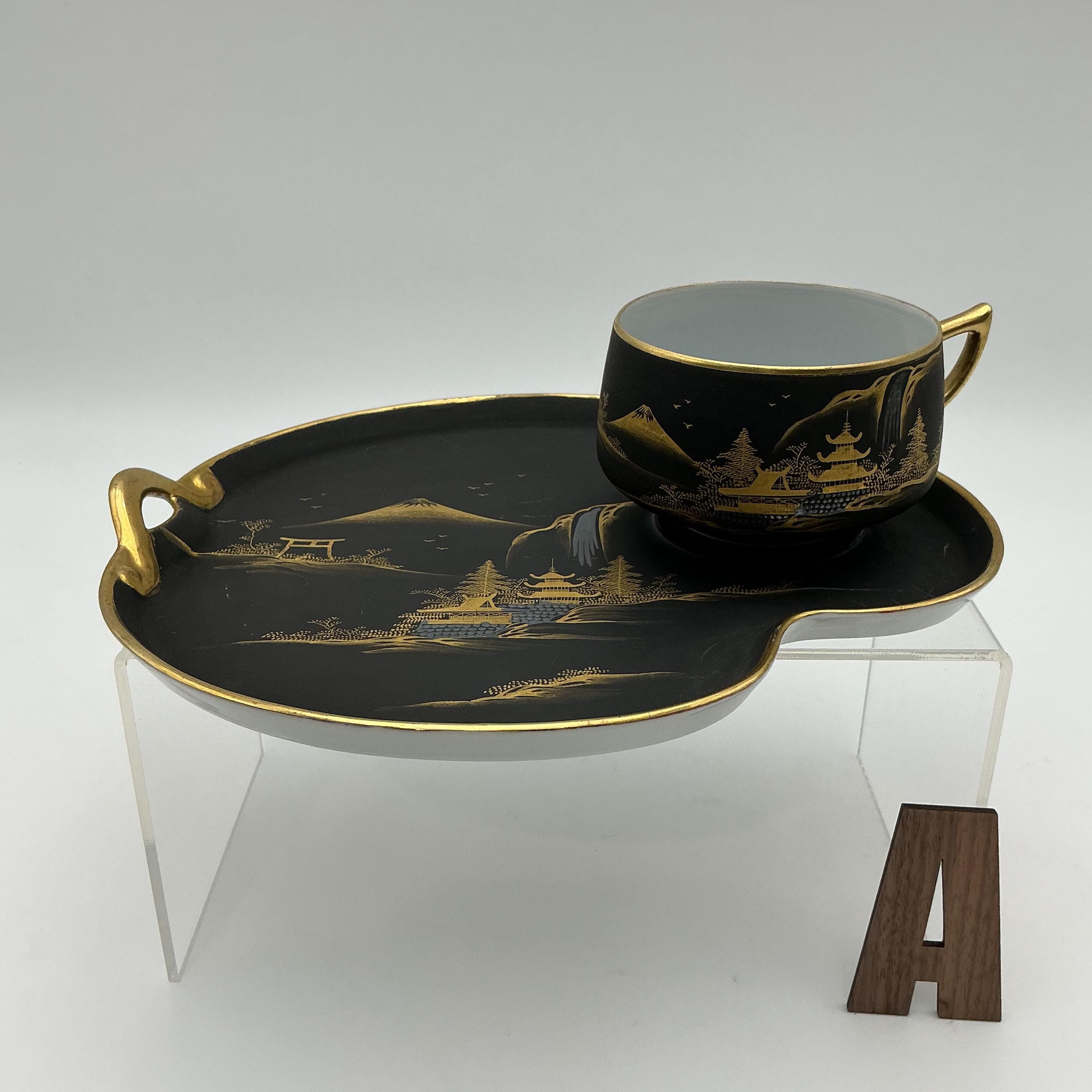Vintage Kutani Tea Set – Matte Black 24k Gold Hand Painted Japanese Teapot Cup Tray - Thumbnail 21