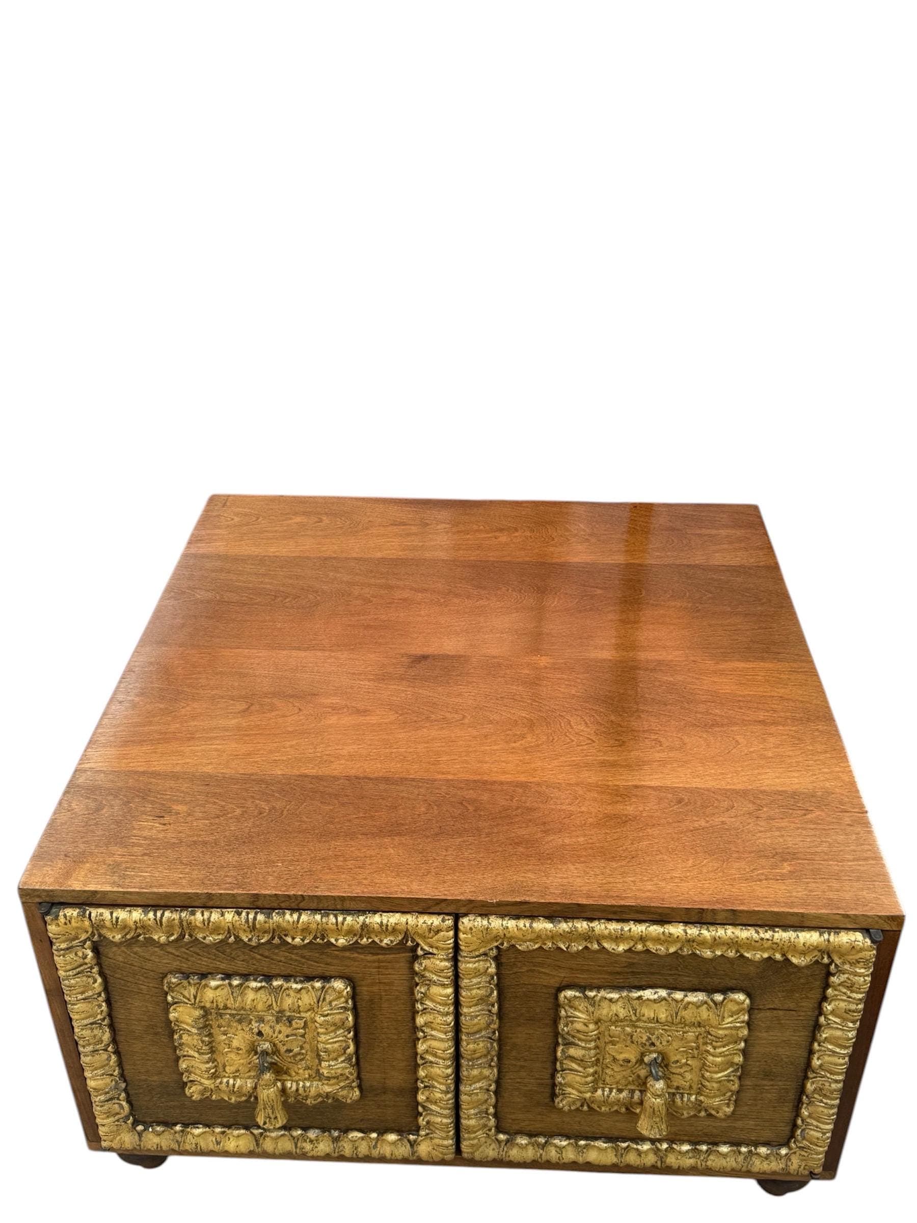 Hollywood Regency Walnut & Gilt Storage Coffee Table | Neoclassical Mid-Century Commode - Thumbnail 8