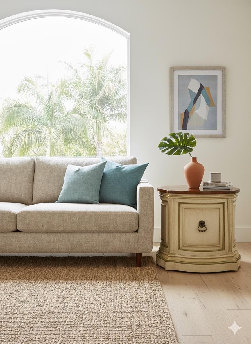 Vintage French Provincial Commode: Sunburst Top, Distressed Cream Accent - Thumbnail 7