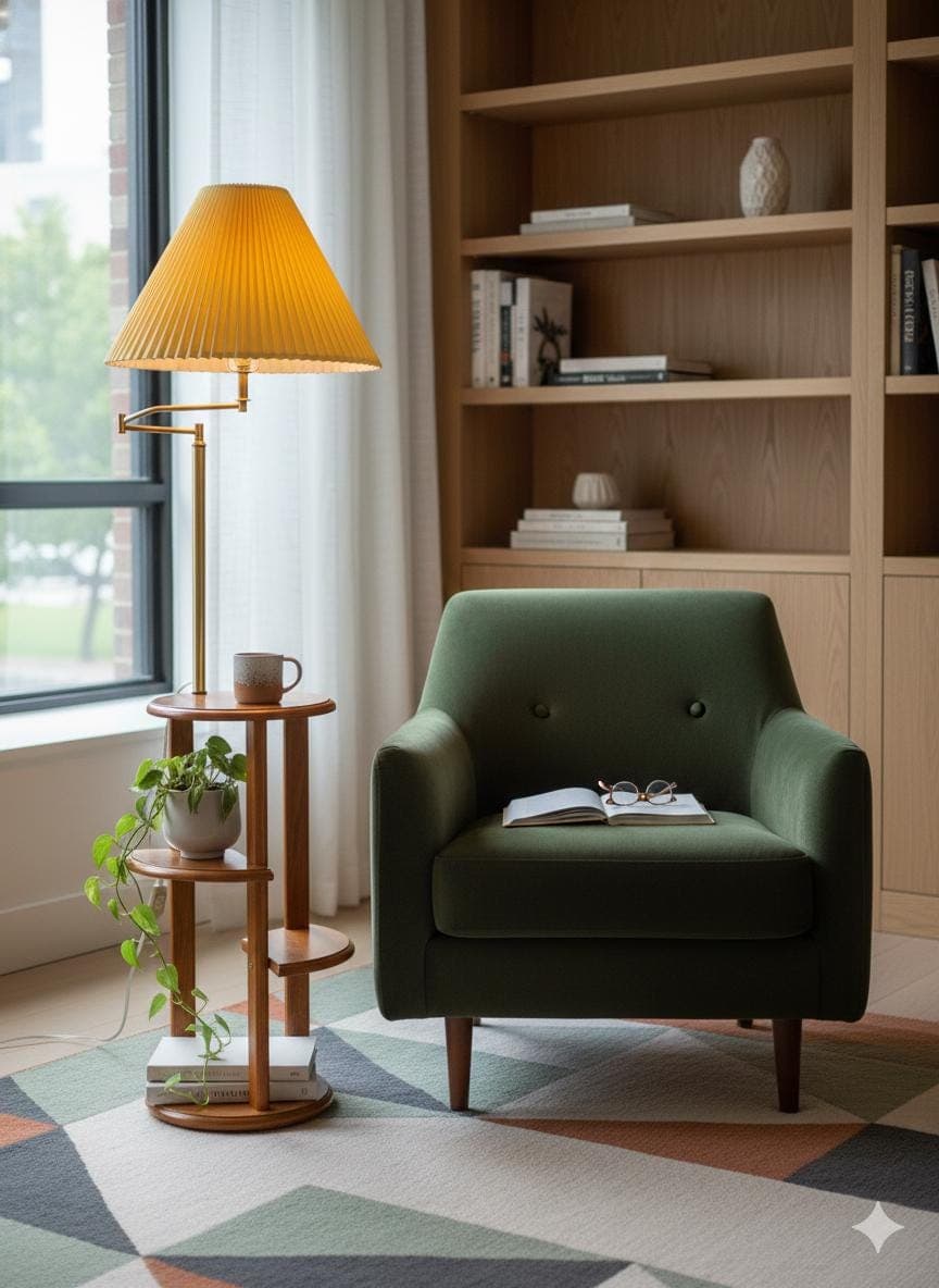 Vintage Anthony California Floor Lamp – Mid Century Oak Plant Stand, Swing Arm Lighting - Thumbnail 12