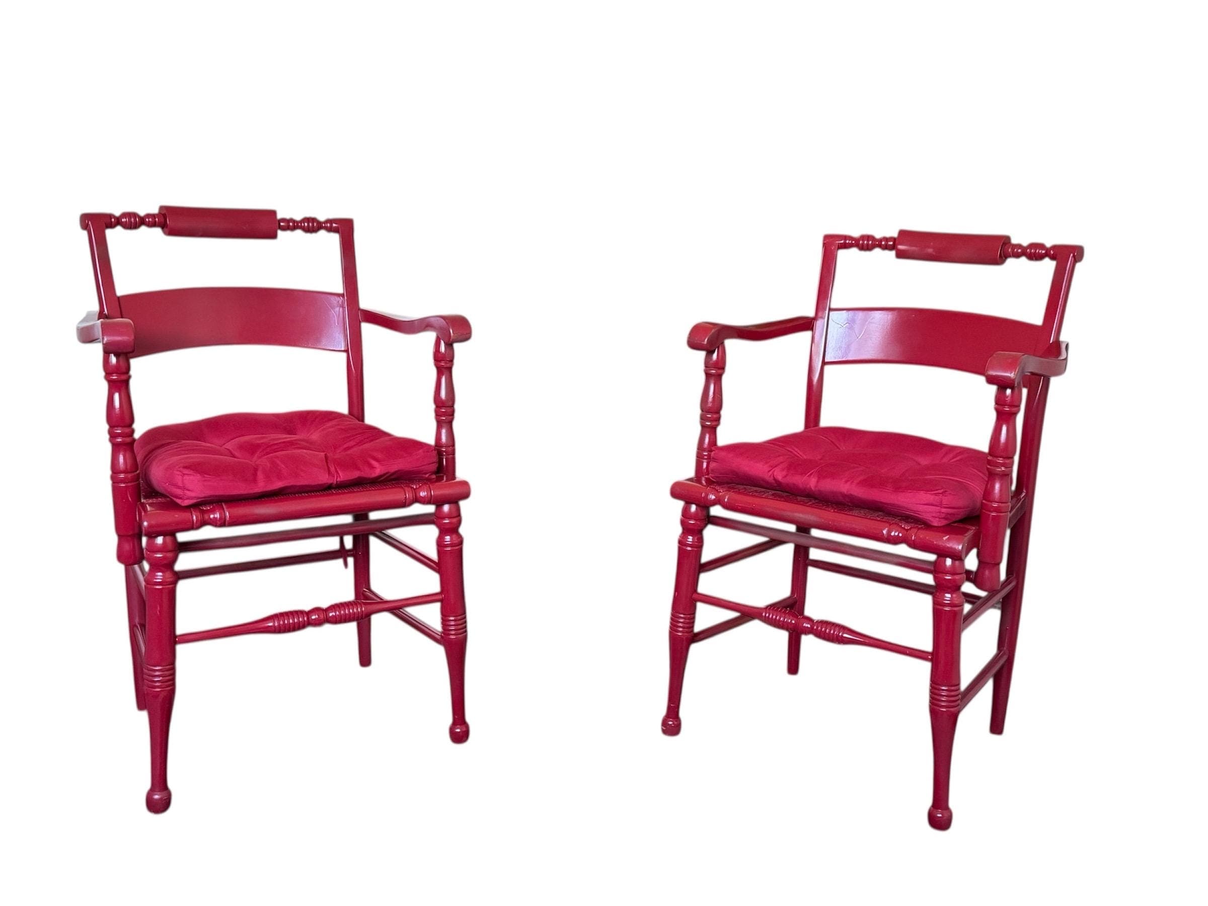 Vintage Hollywood Regency Red Lacquered Armchairs - Spindle Bobbin, Rush Seats - Thumbnail 12
