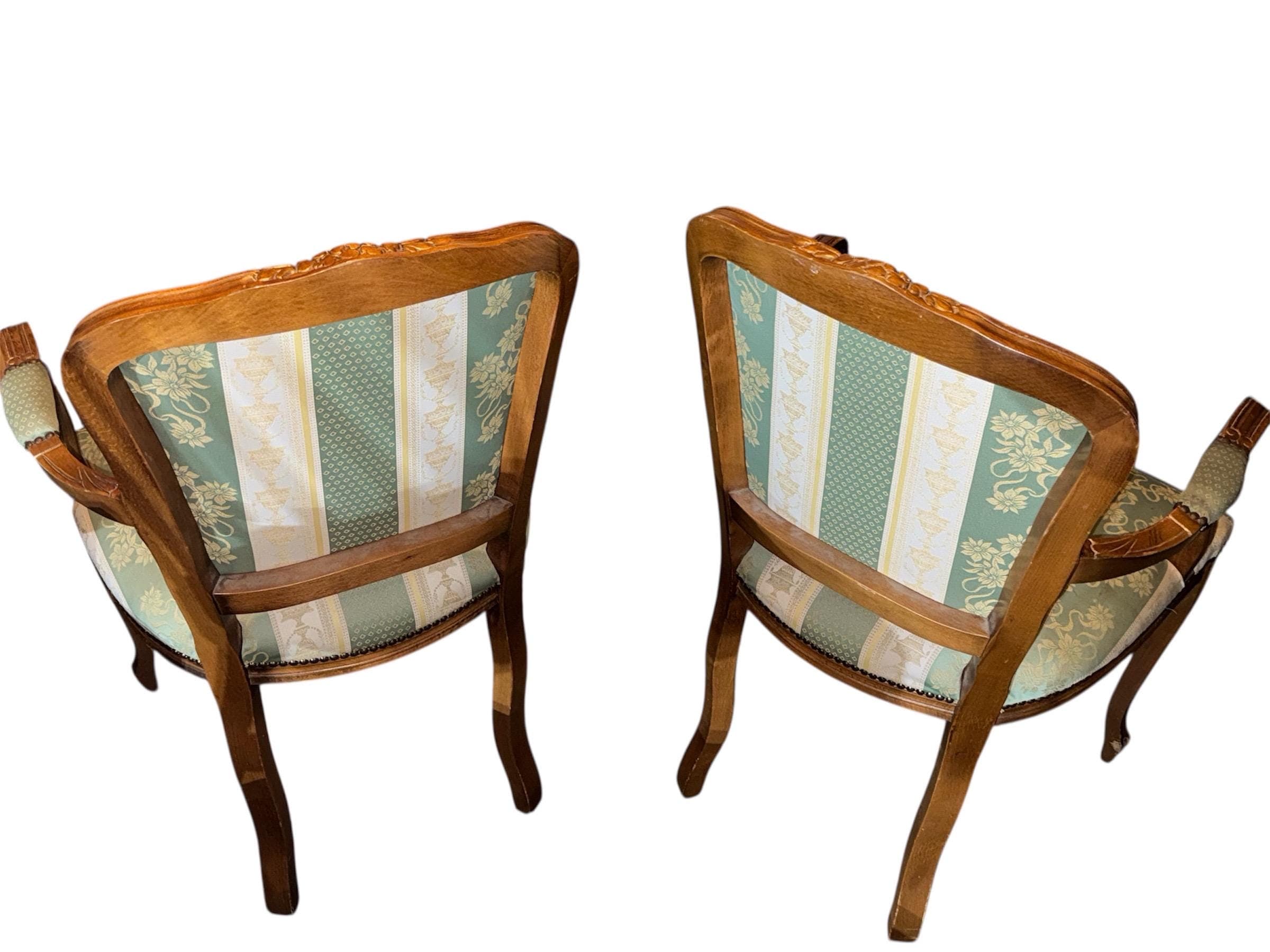 Pristine Pair of Vintage French Louis XV Fauteuil Armchairs in Sage & Cream Damask - Thumbnail 5