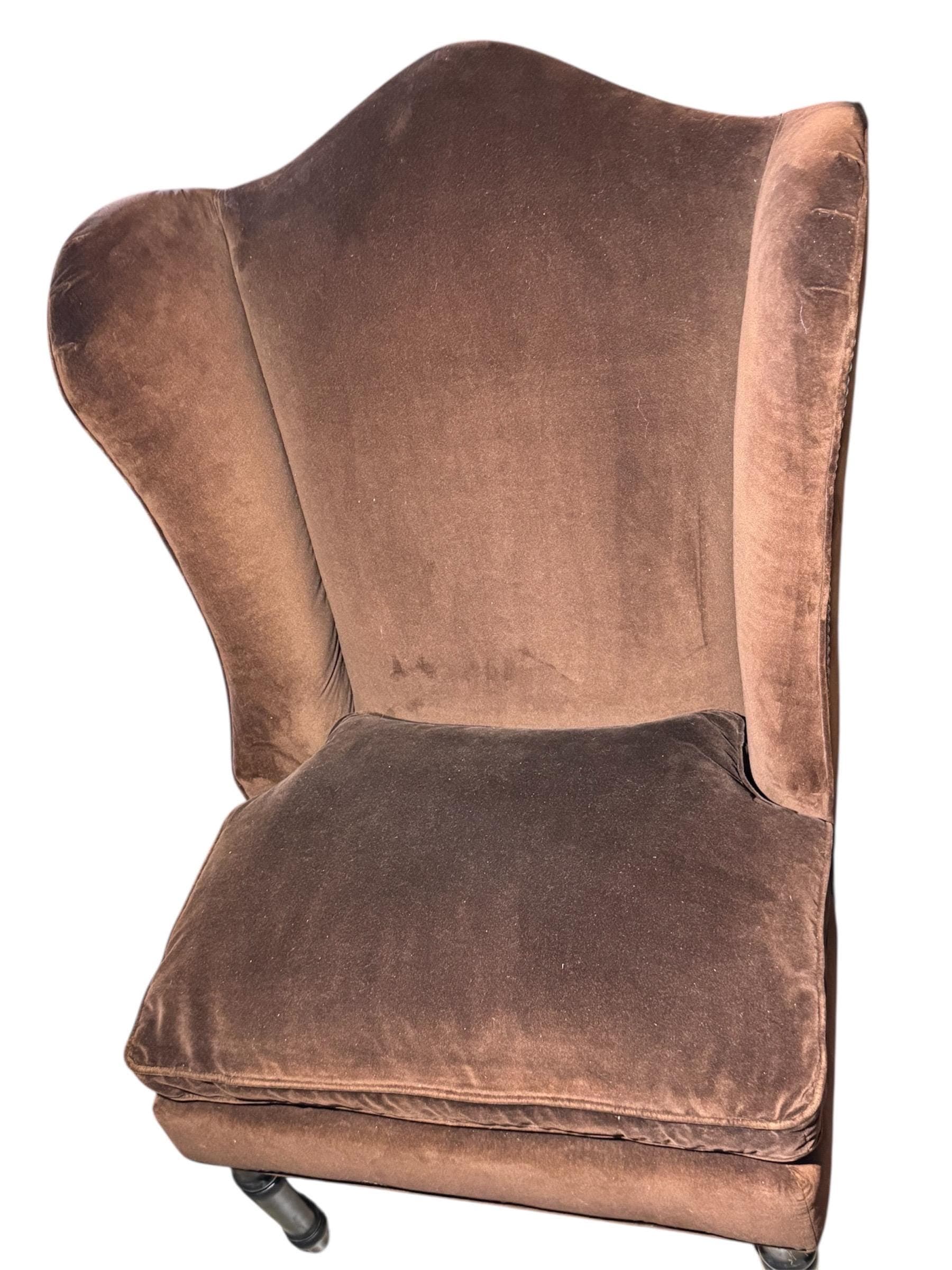 Drexel Heritage "Down-Wrapped" Wingback Chair in Espresso Velvet - Thumbnail 6
