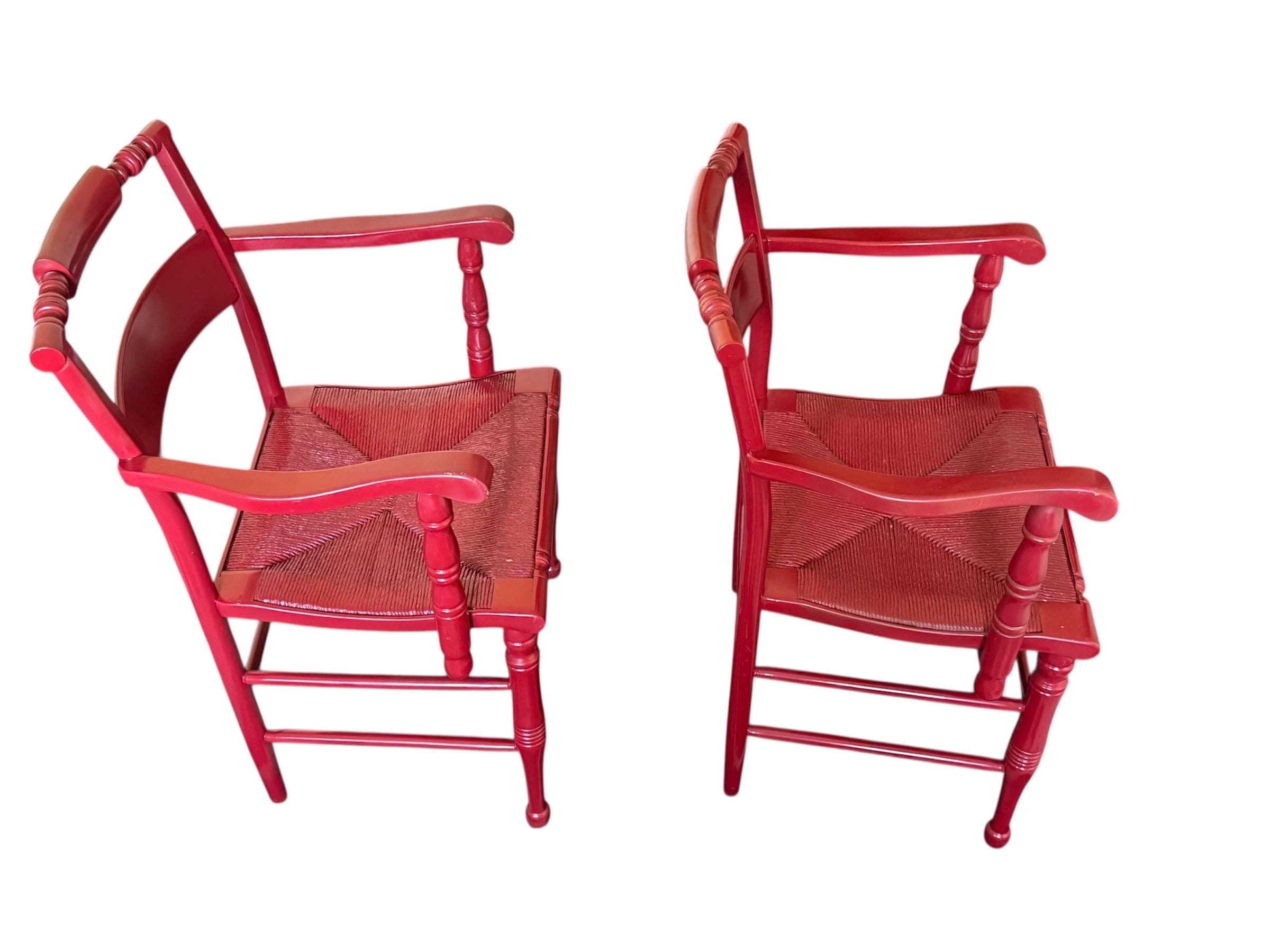 Vintage Hollywood Regency Red Lacquered Armchairs - Spindle Bobbin, Rush Seats - Thumbnail 6