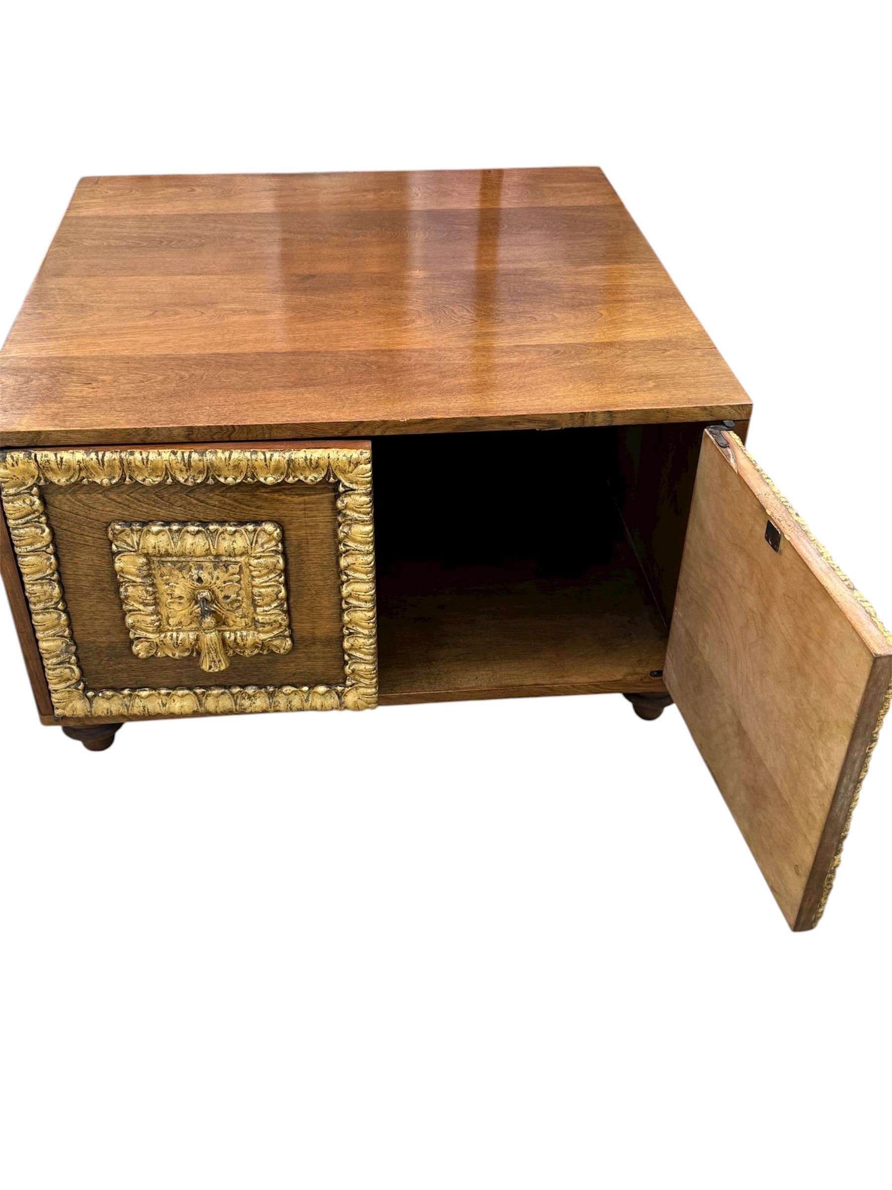 Hollywood Regency Walnut & Gilt Storage Coffee Table | Neoclassical Mid-Century Commode - Thumbnail 3