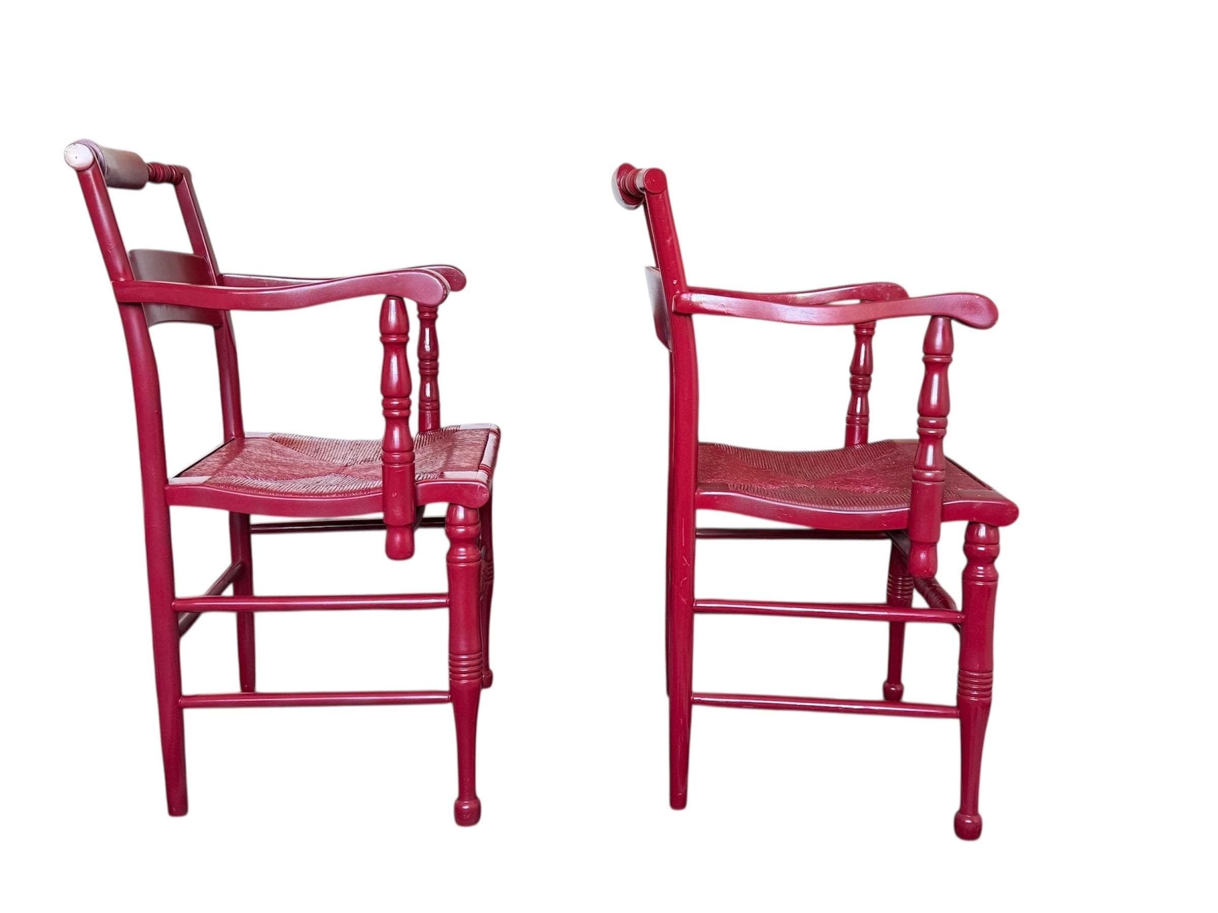 Vintage Hollywood Regency Red Lacquered Armchairs - Spindle Bobbin, Rush Seats - Thumbnail 7