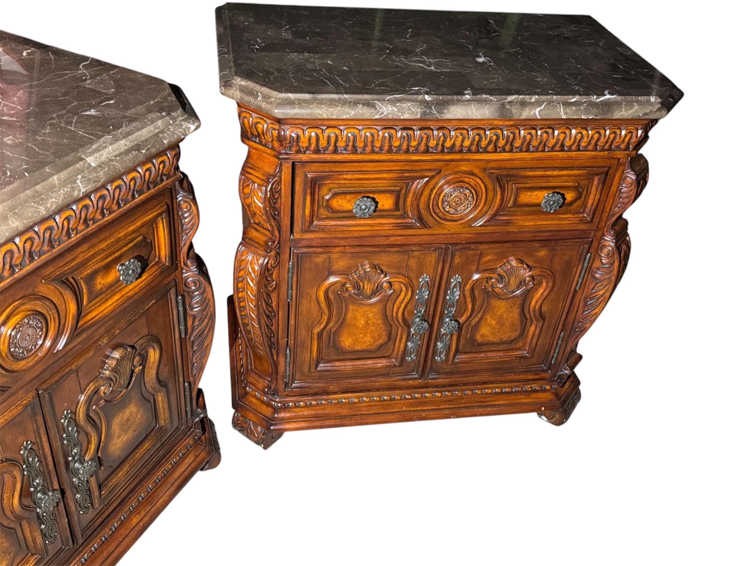 Pair of Ornate Acme Furniture Nightstands – Genuine Marble Tops & Hand-Carved Details - Thumbnail 7