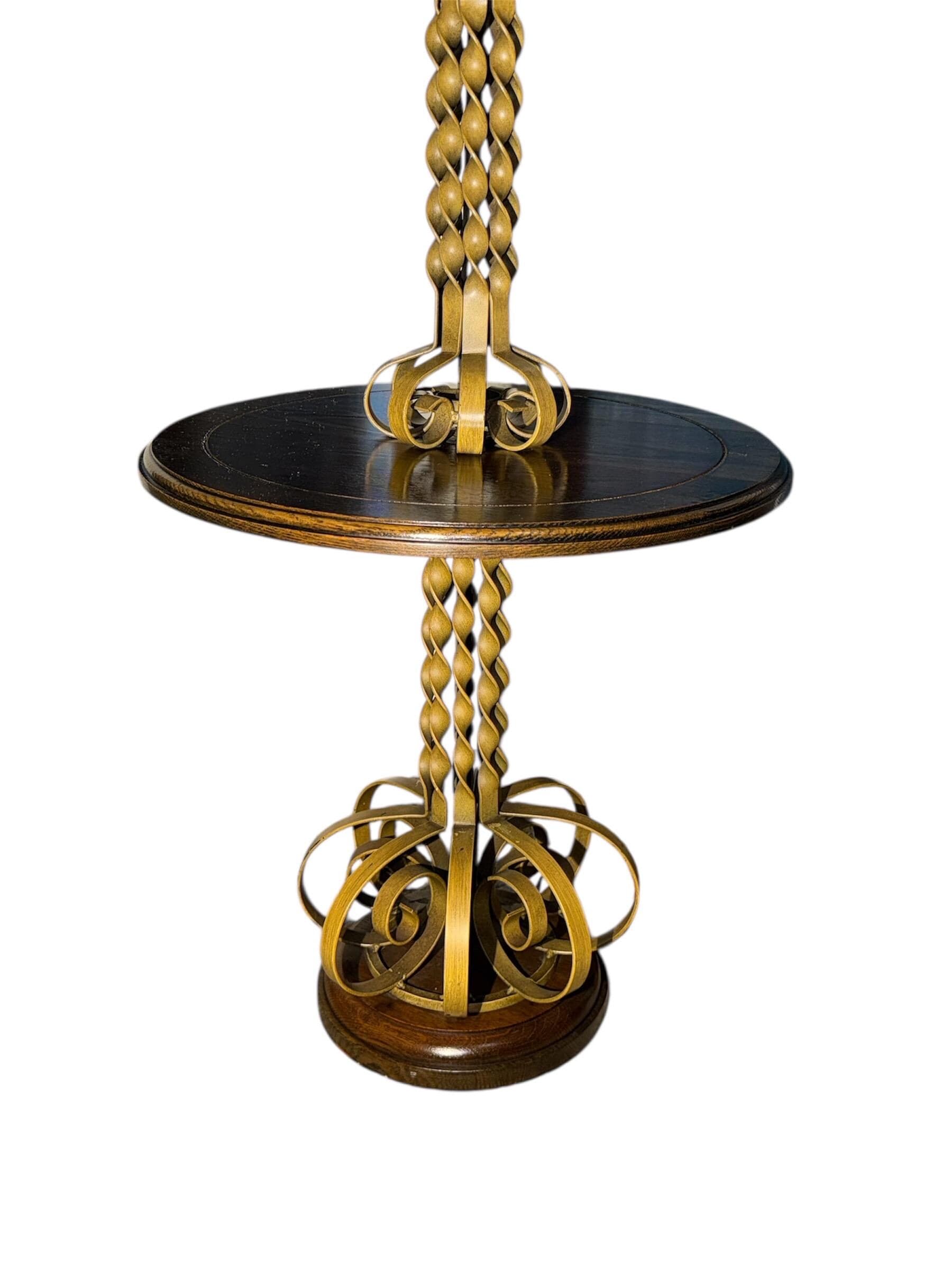 Vintage Hollywood Regency Floor Lamp Table – Gold Barley Twist, Integrated Side Table - Thumbnail 2