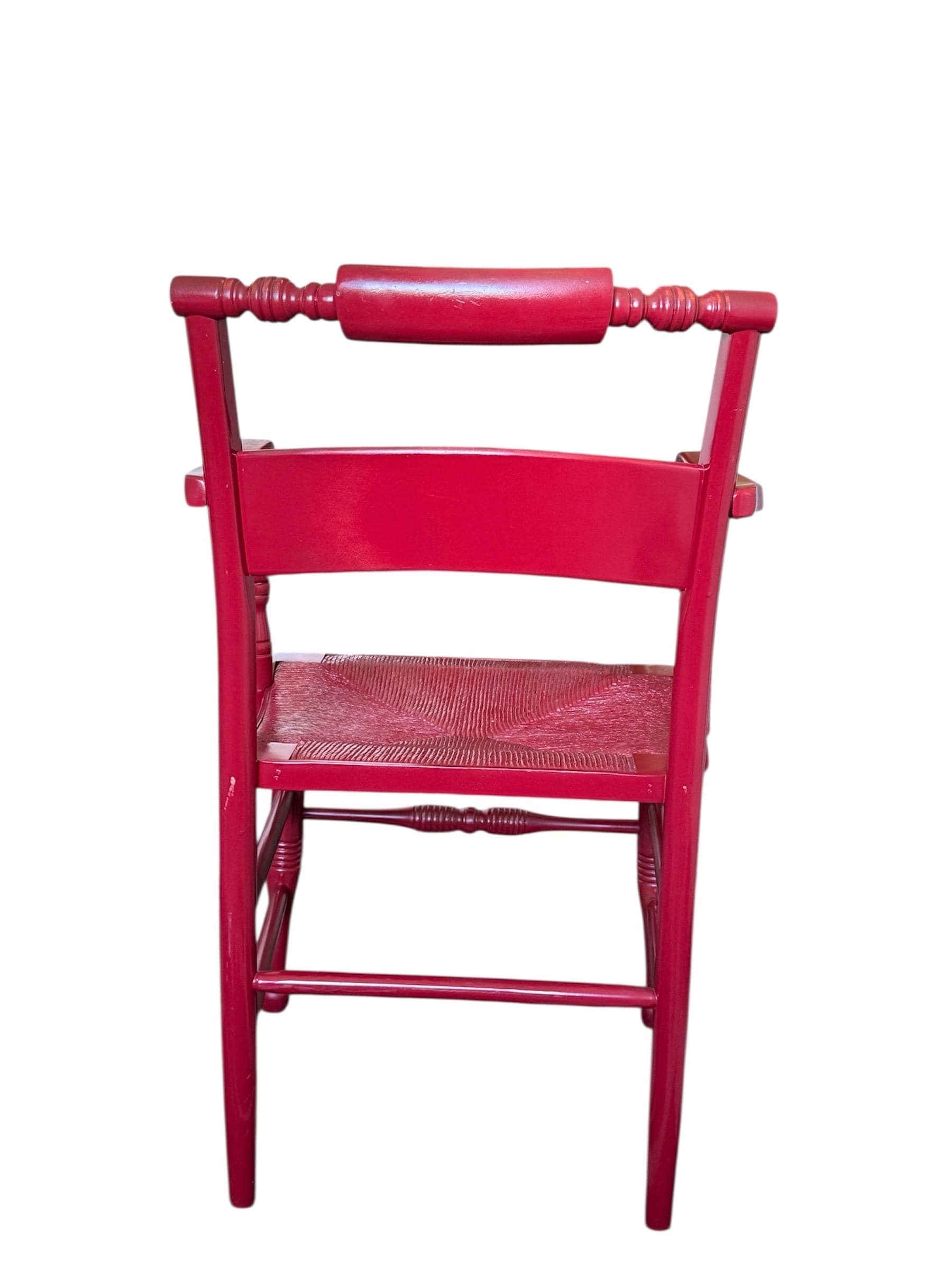 Vintage Hollywood Regency Red Lacquered Armchairs - Spindle Bobbin, Rush Seats - Thumbnail 9