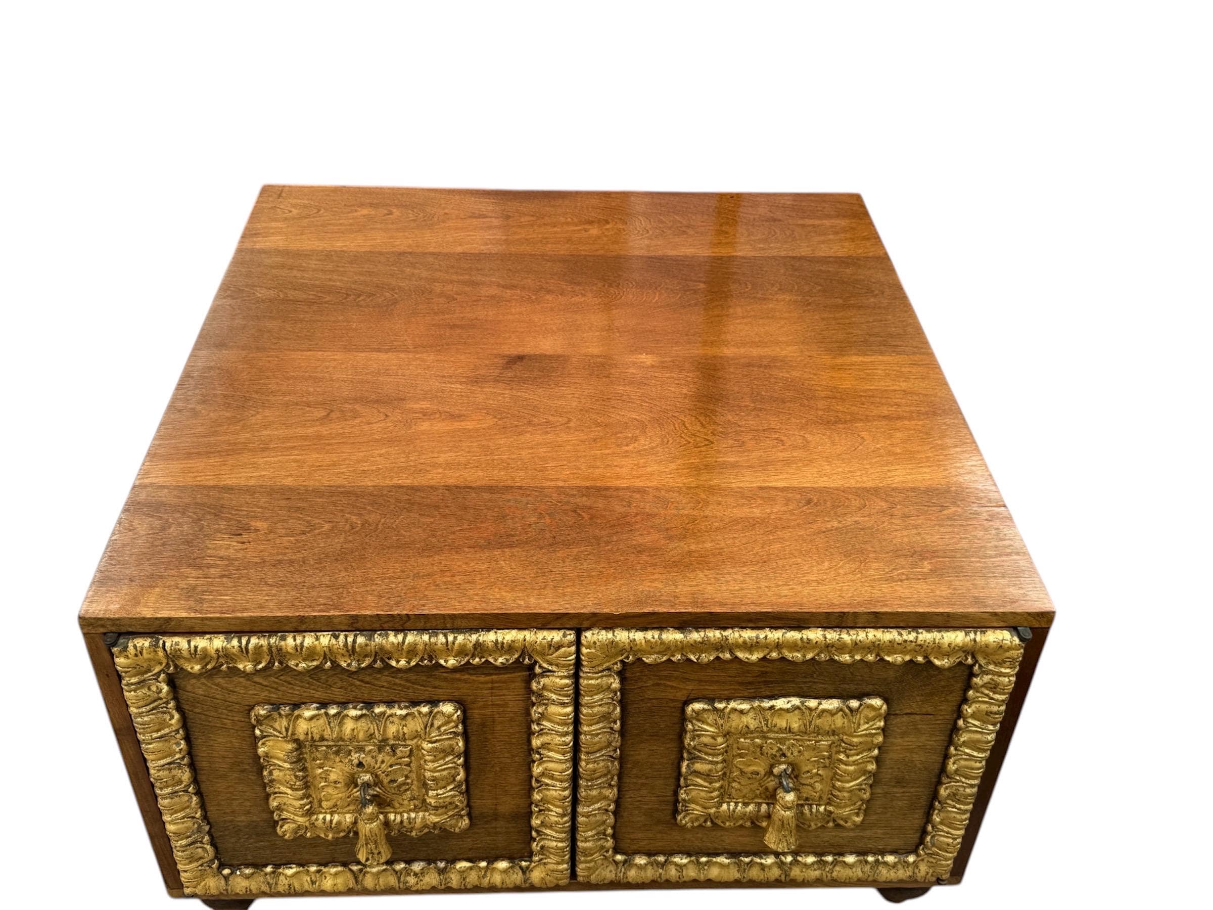 Hollywood Regency Walnut & Gilt Storage Coffee Table | Neoclassical Mid-Century Commode - Thumbnail 4