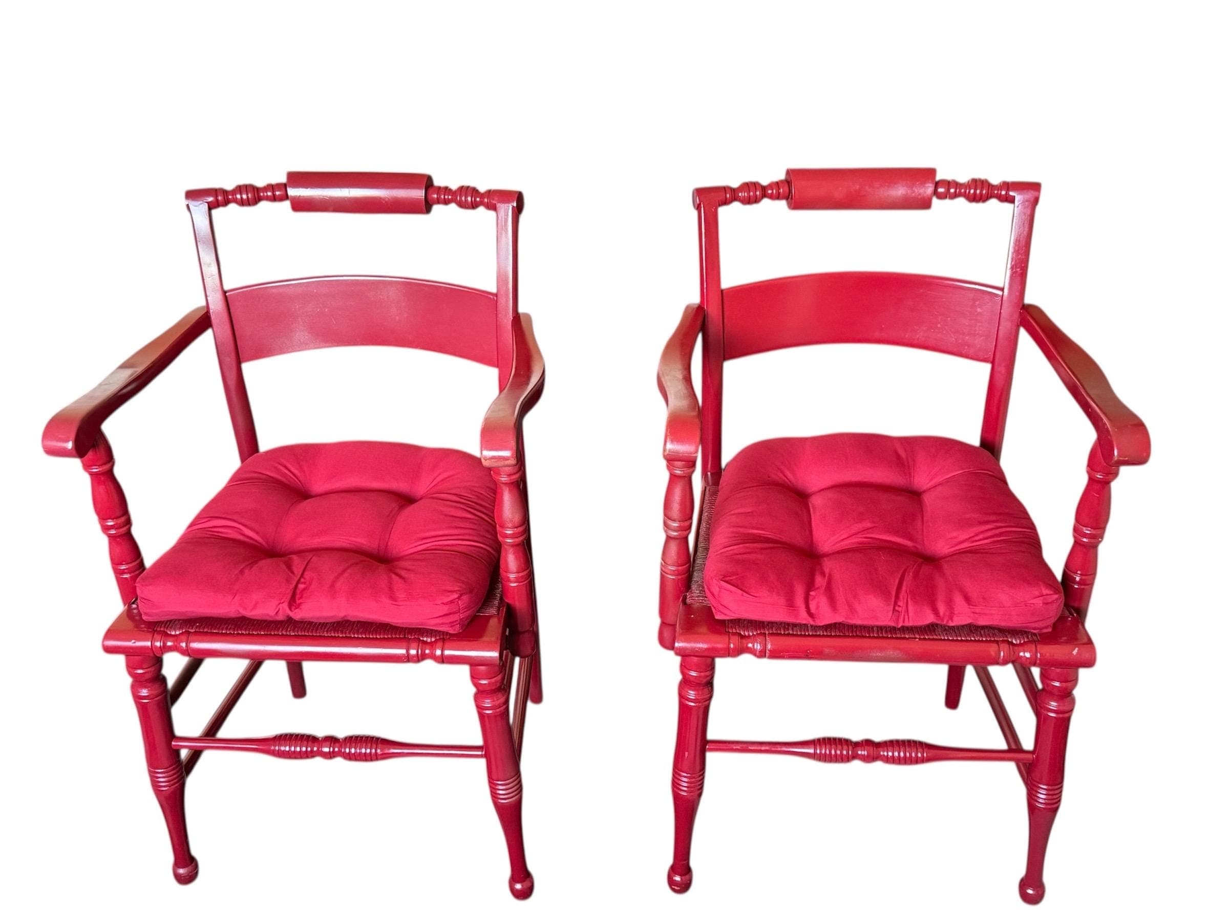 Vintage Hollywood Regency Red Lacquered Armchairs - Spindle Bobbin, Rush Seats - Thumbnail 11