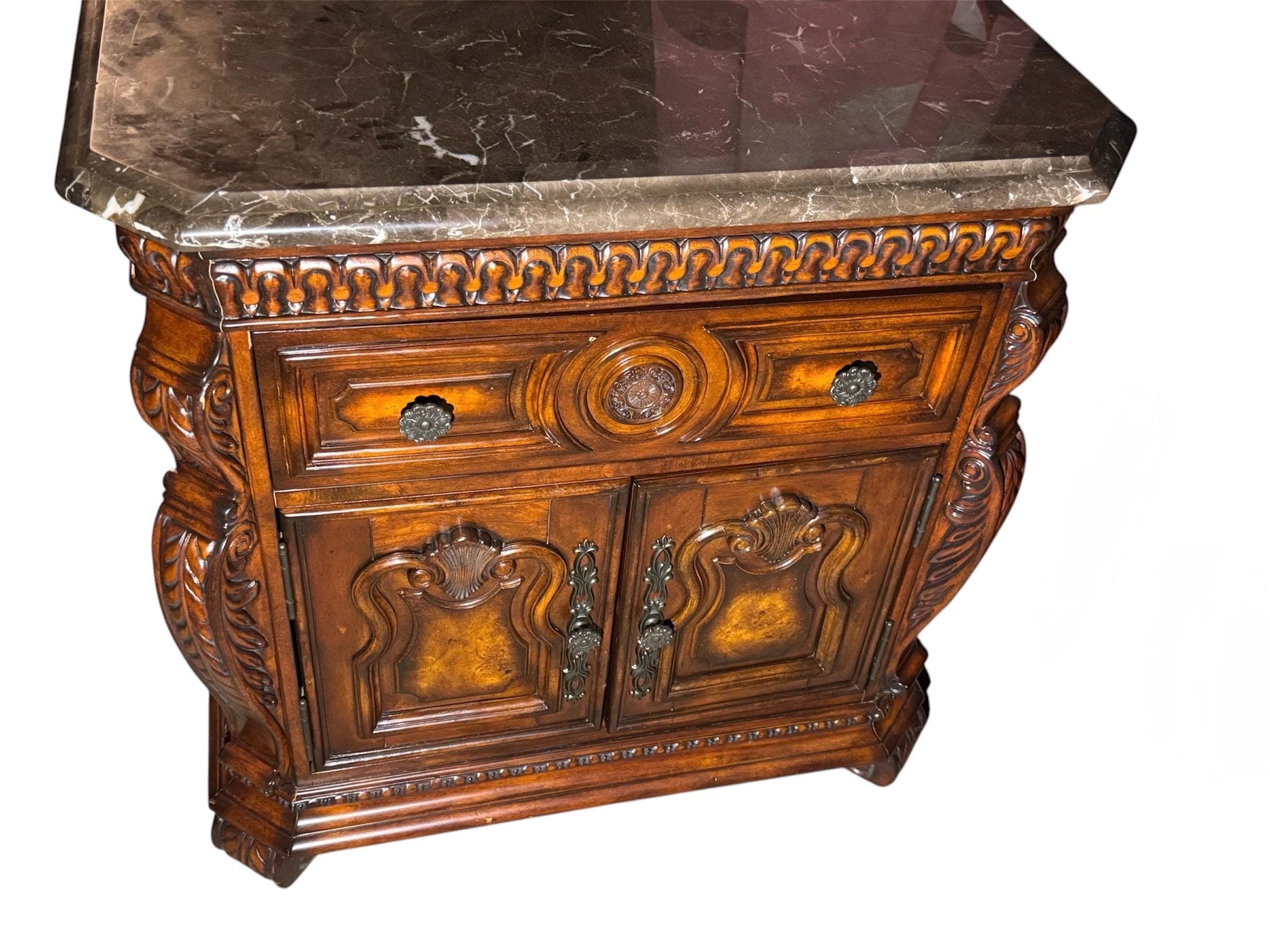 Pair of Ornate Acme Furniture Nightstands – Genuine Marble Tops & Hand-Carved Details - Thumbnail 8
