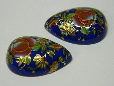 Vintage Floral Glass Cabochons - Blue Gold Red Teardrop Flat Backs - Image 1