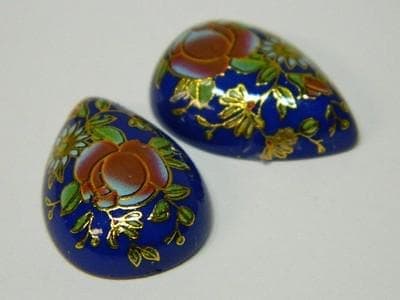 Vintage Floral Glass Cabochons - Blue Gold Red Teardrop Flat Backs - Thumbnail 5
