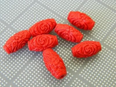 Carved Cinnabar Beads: Floral Red Barrel Shape (Handmade Set of 10) - Thumbnail 5